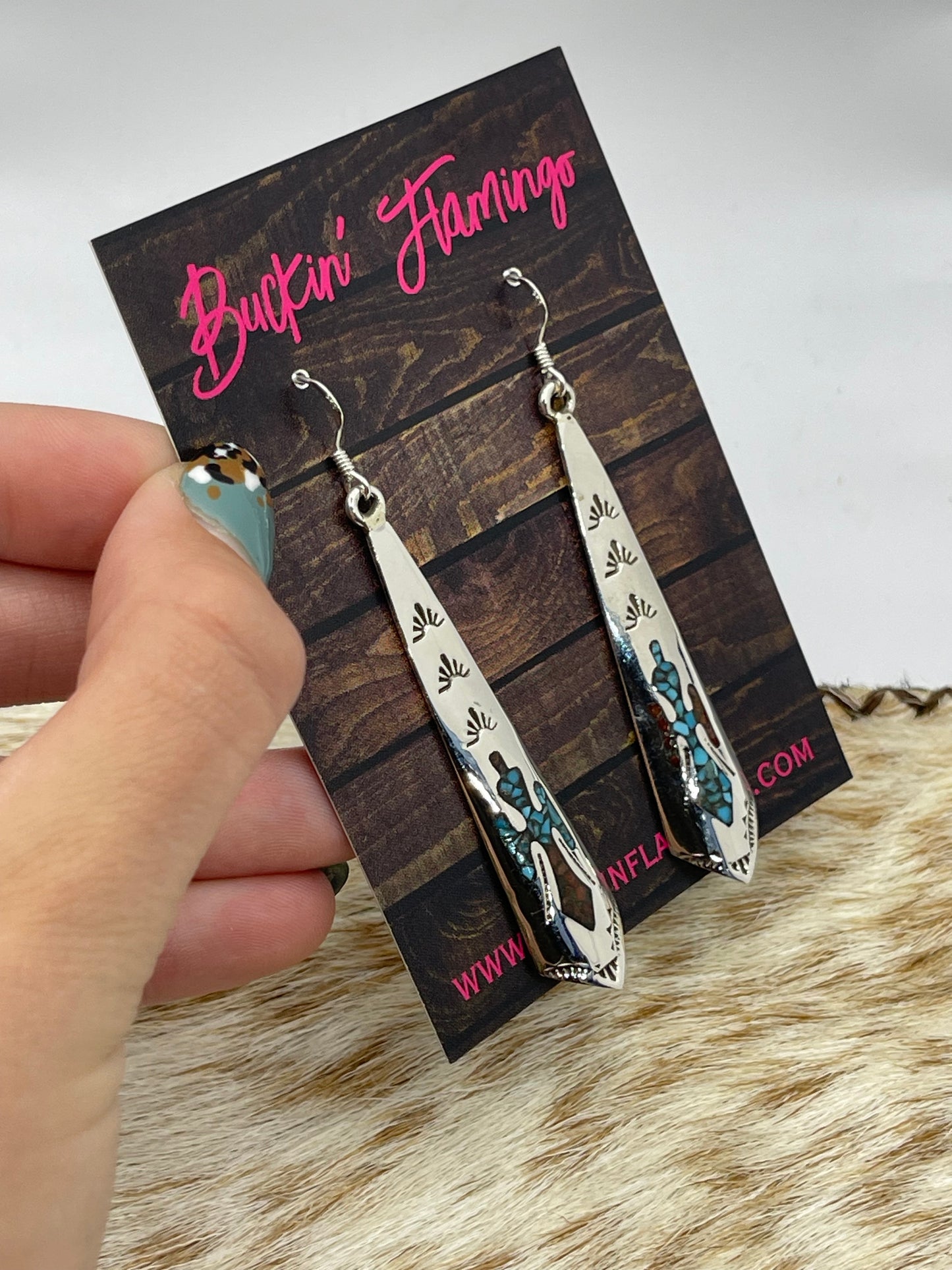 Turquoise and Coral Chip Inlay Dangle Earrings by Jolene Yazzie, Navajo
