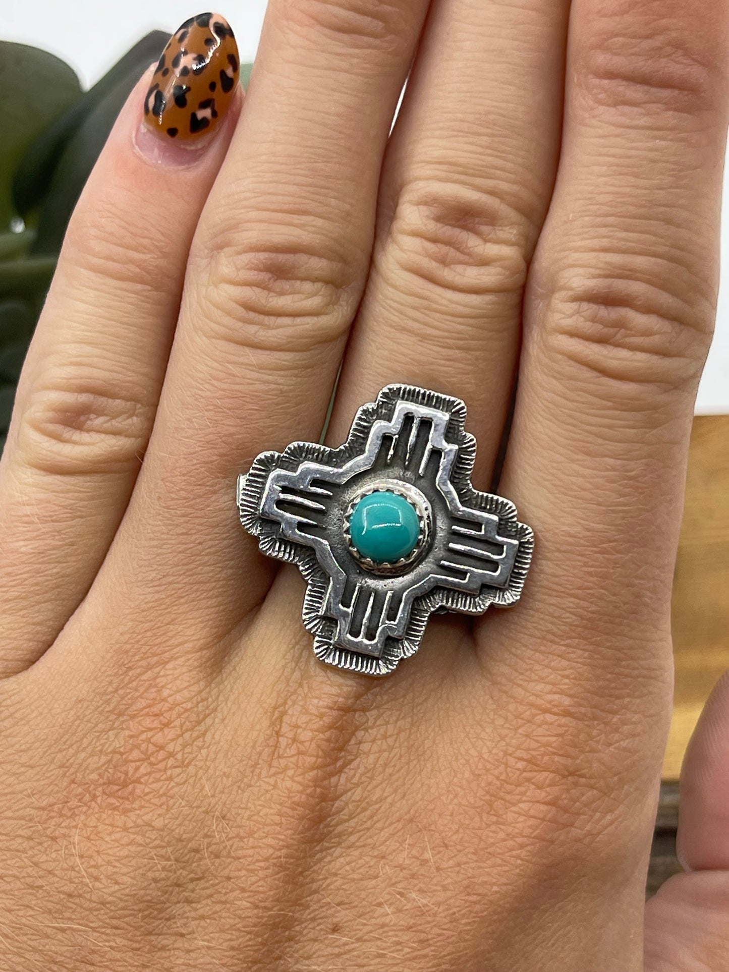 7.0 Turquoise Zia Symbol Ring by Hiram Largo, Navajo