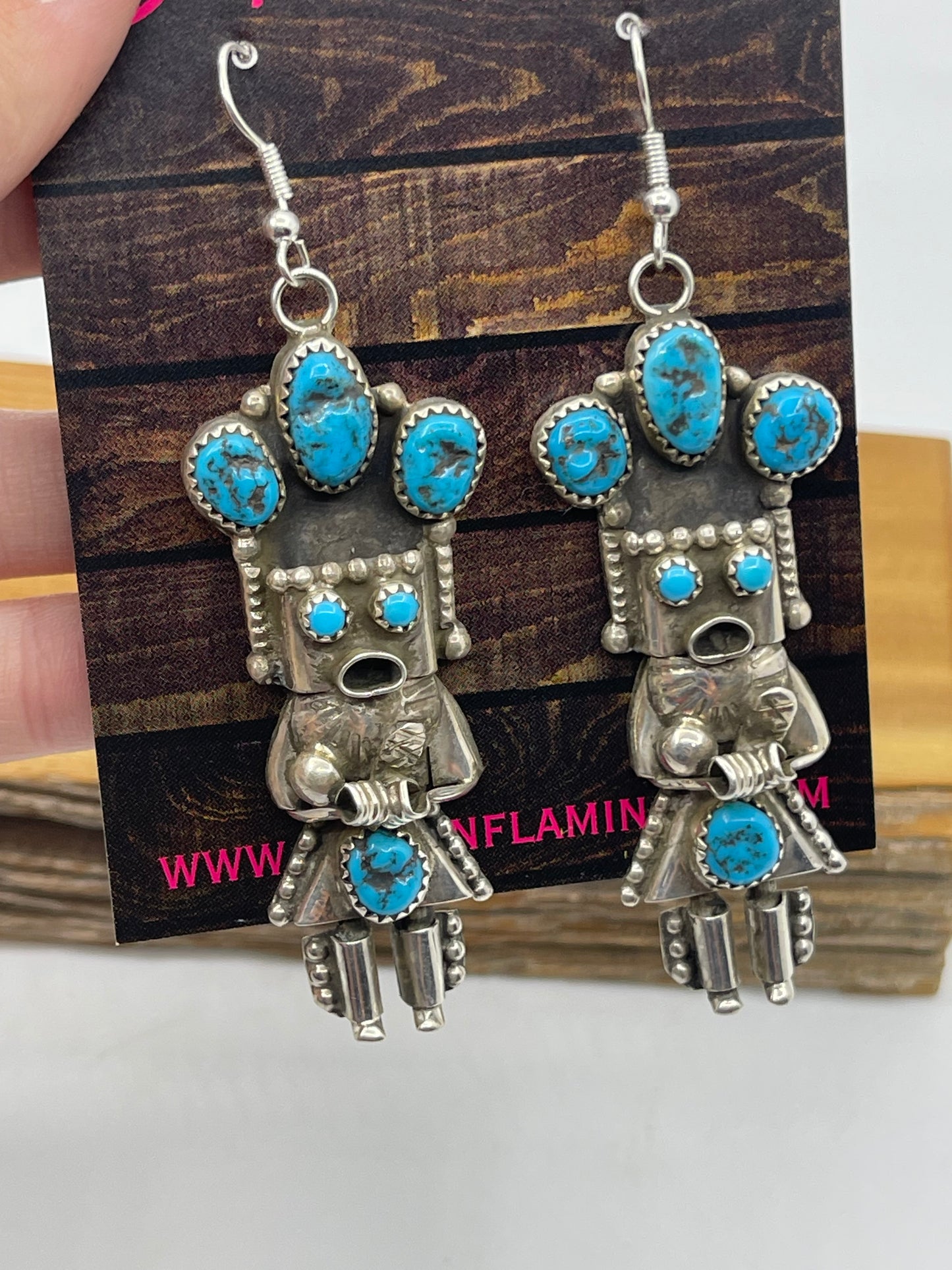 Kingman Turquoise Kachina Dangle Earrings by Doris Smallcany, Navajo