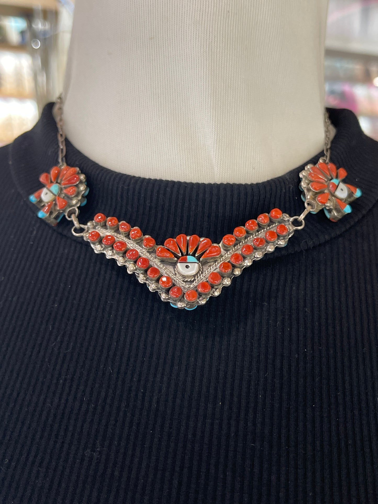 Red Coral and Turquoise Vintage Zuni Reversible Necklace