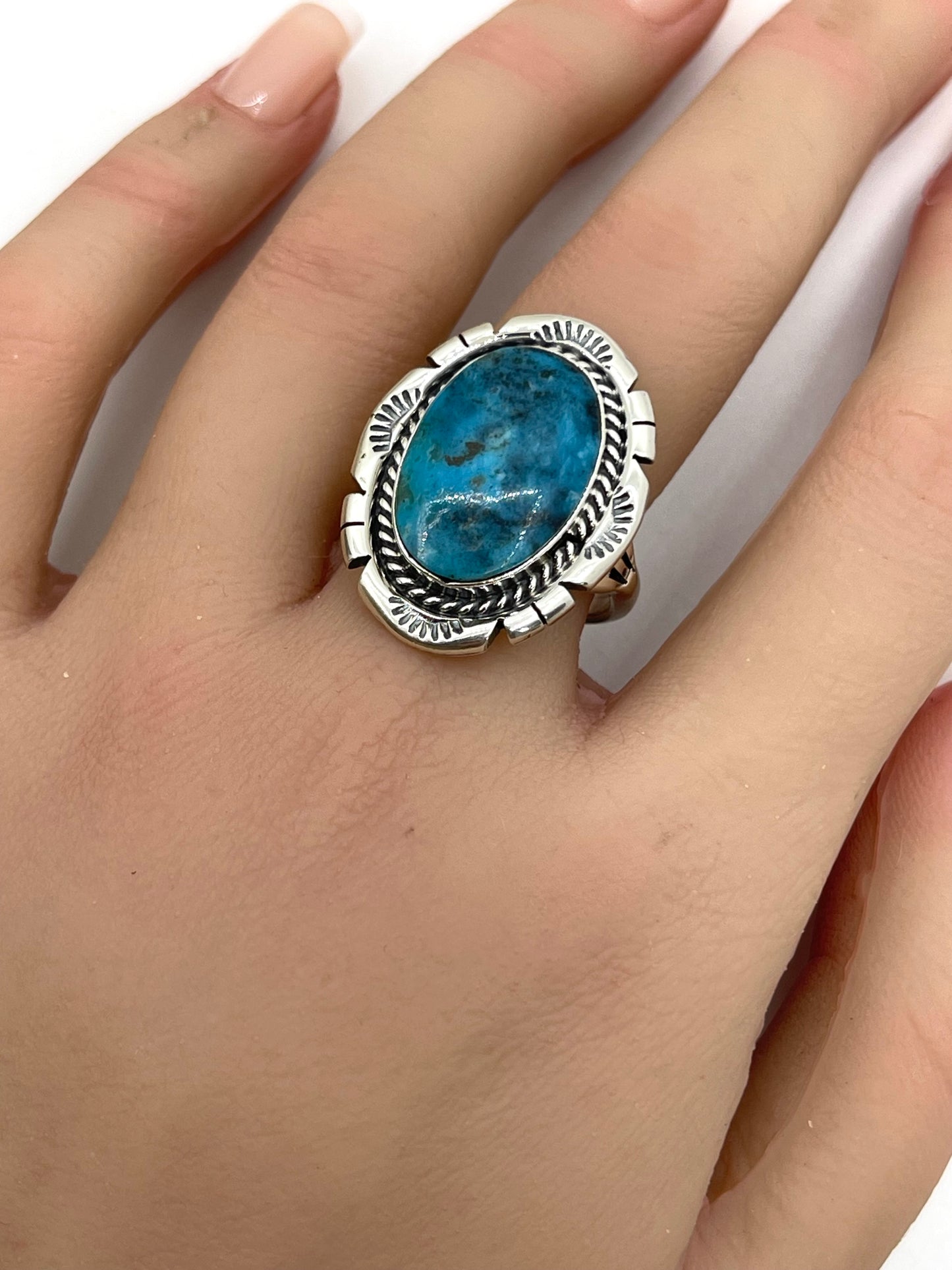 9.0 Oval Kingman Turquoise Ring by Samuel Yellowhair, Navajo