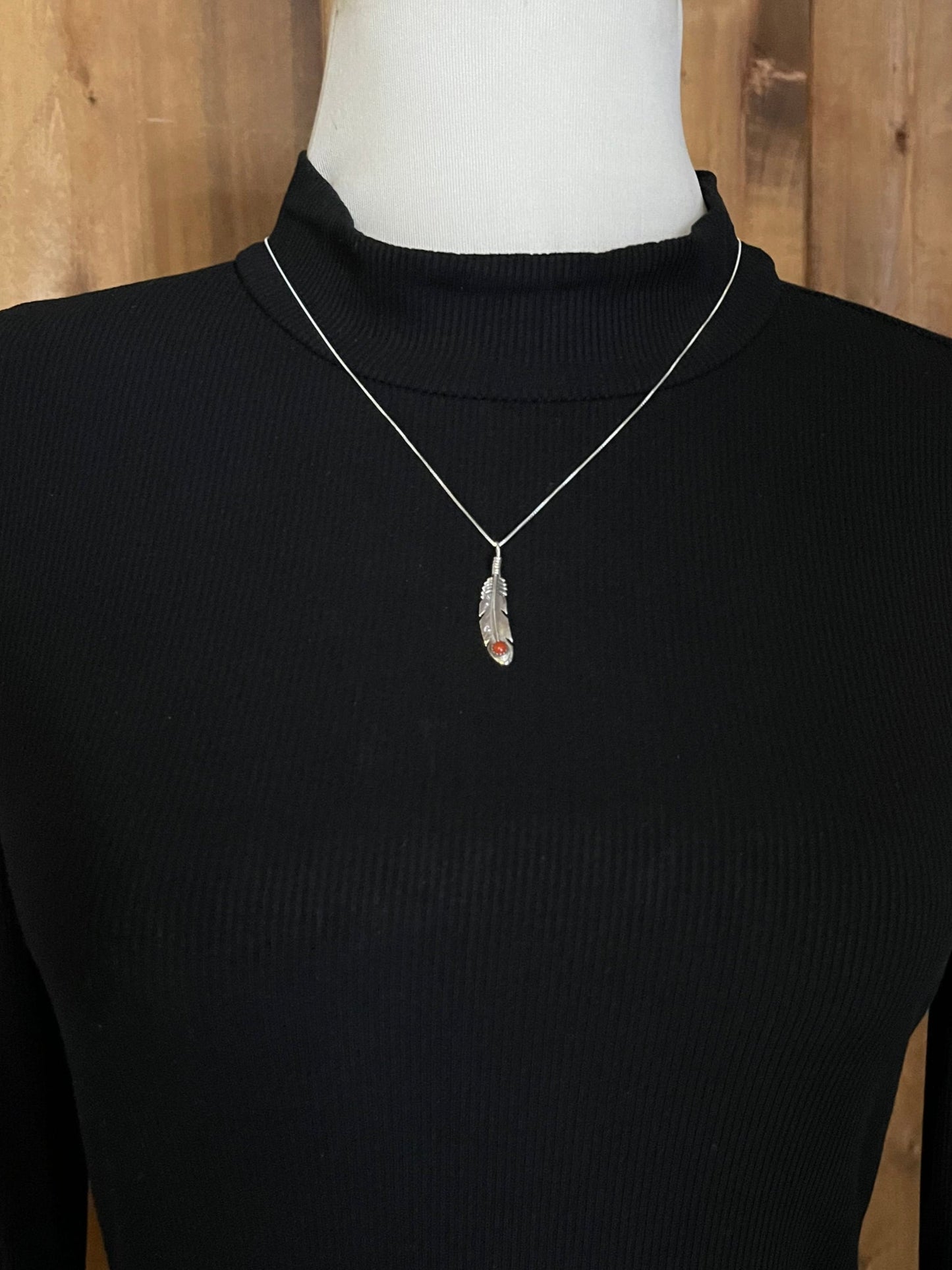 20" Feather Pendant with Coral Stone by Louise Joe, Navajo