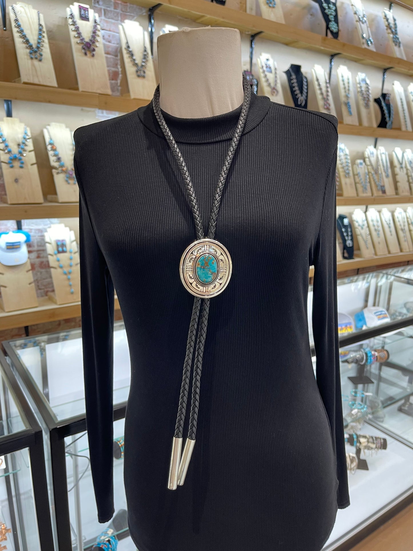 Apache Blue Turquoise Bolo Tie by Leonard Nez, Navajo