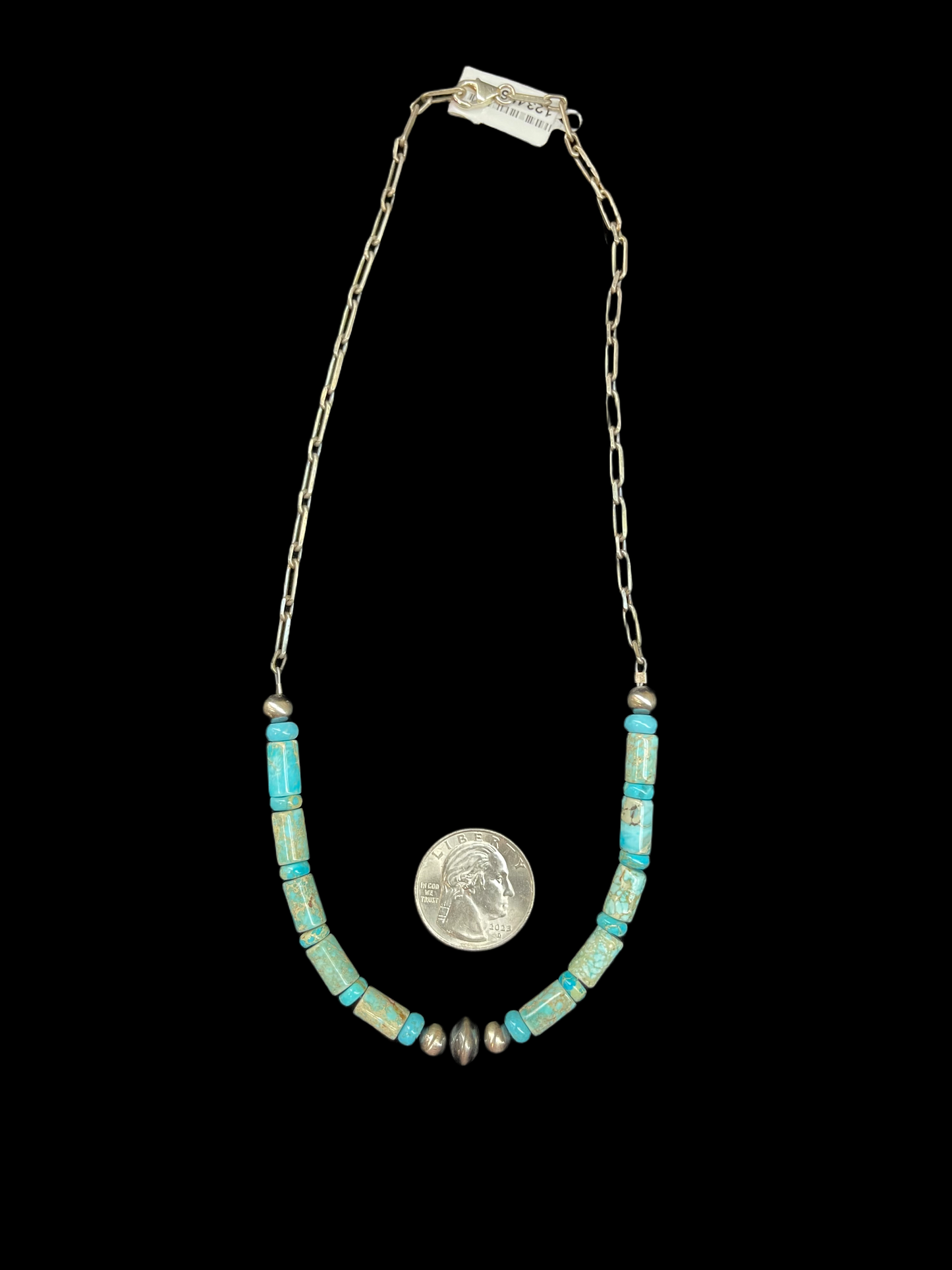 18" Turquoise Barrel and Round Bead Necklace with Navajo Pearls and Saucers