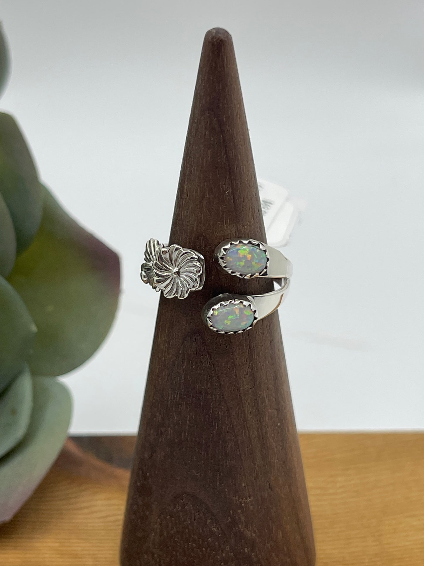 6.0 Semi Adjustable 2 Stone White Opal Ring with Flower by Robert Martinez, Navajo