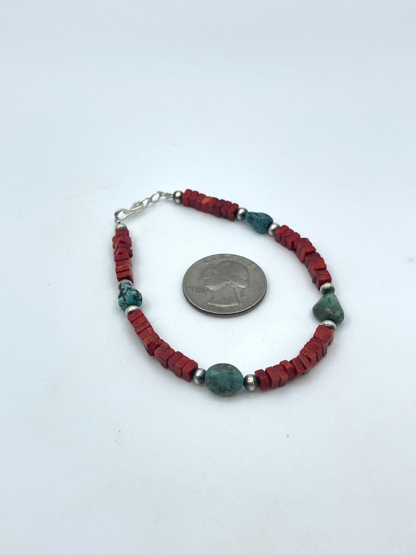 7.5" Red Coral Square Cut Beads w/ Turquoise & Navajo Style Pearls Bracelet