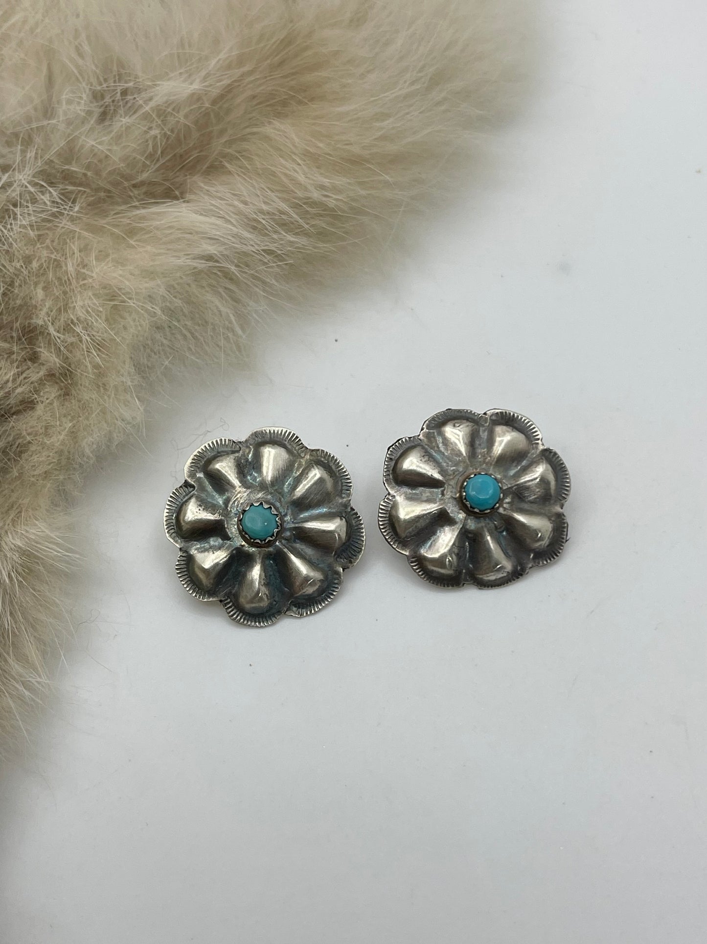 Stamped Silver Concho with Turquoise Post Earrings by Joan and Ryan Begay, Navajo