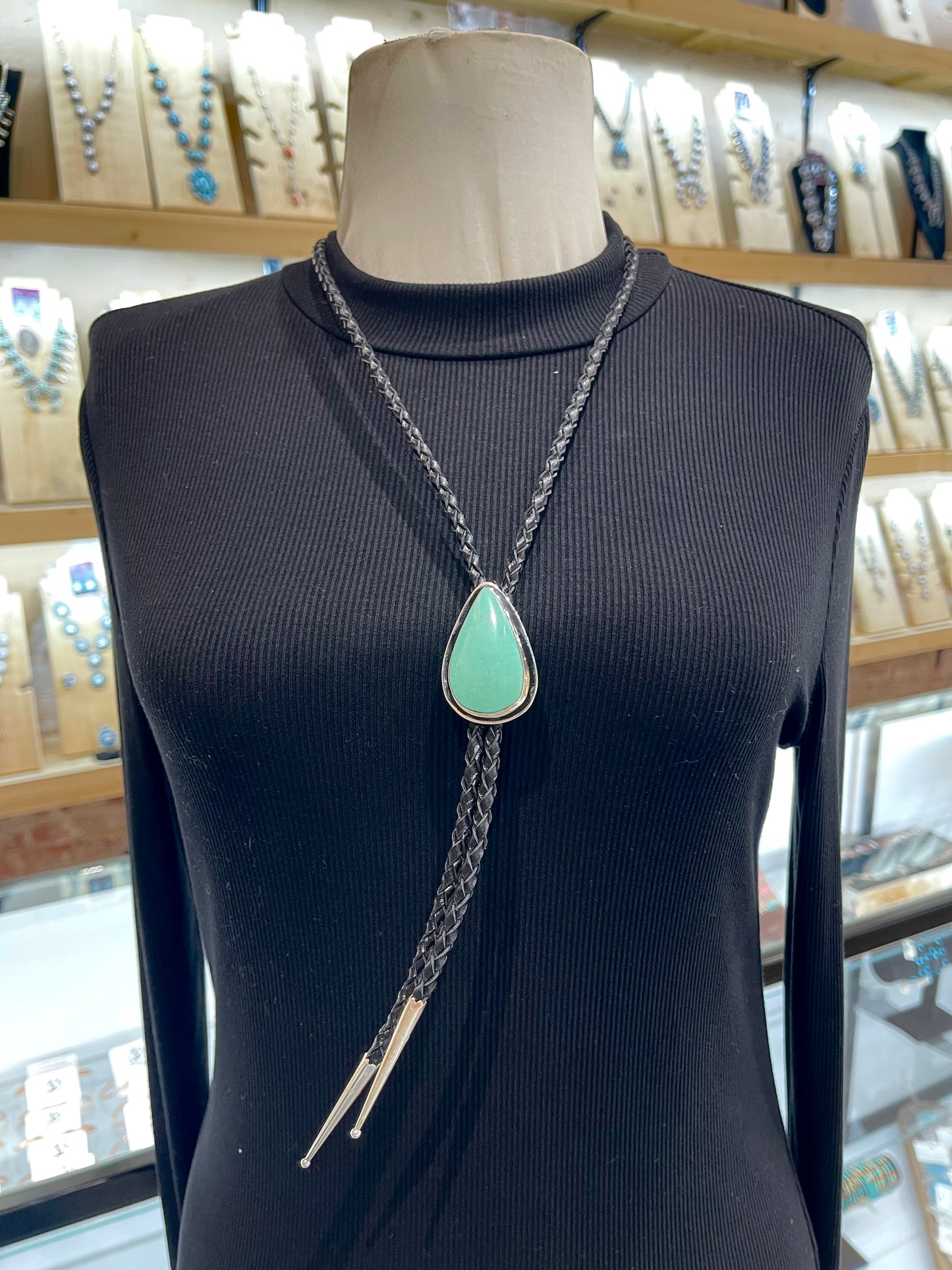 Kingman Turquoise Bolo Tie by Marie Jackson, Navajo