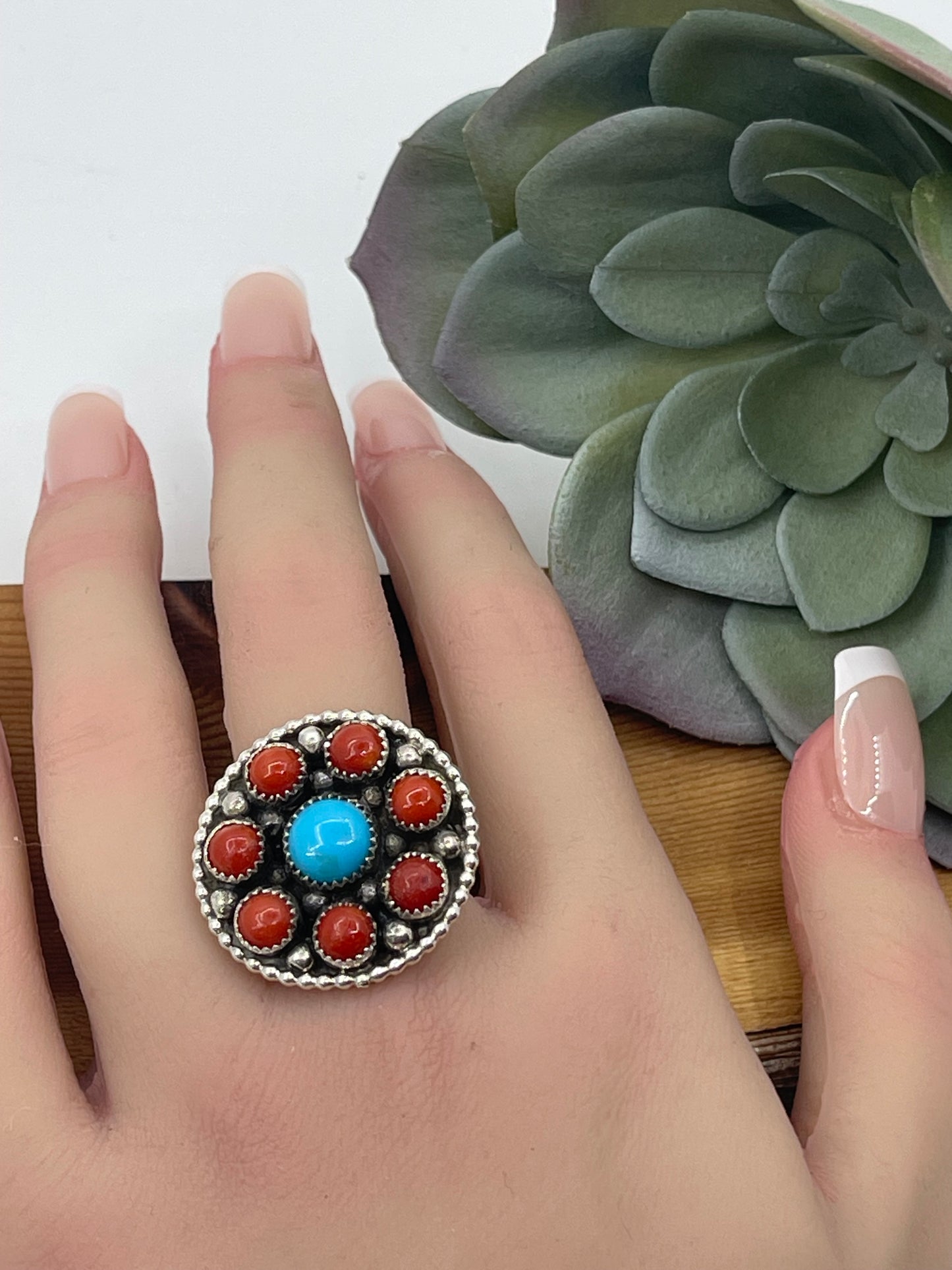 10.0 Coral and Turquoise Cluster Ring, Navajo Made
