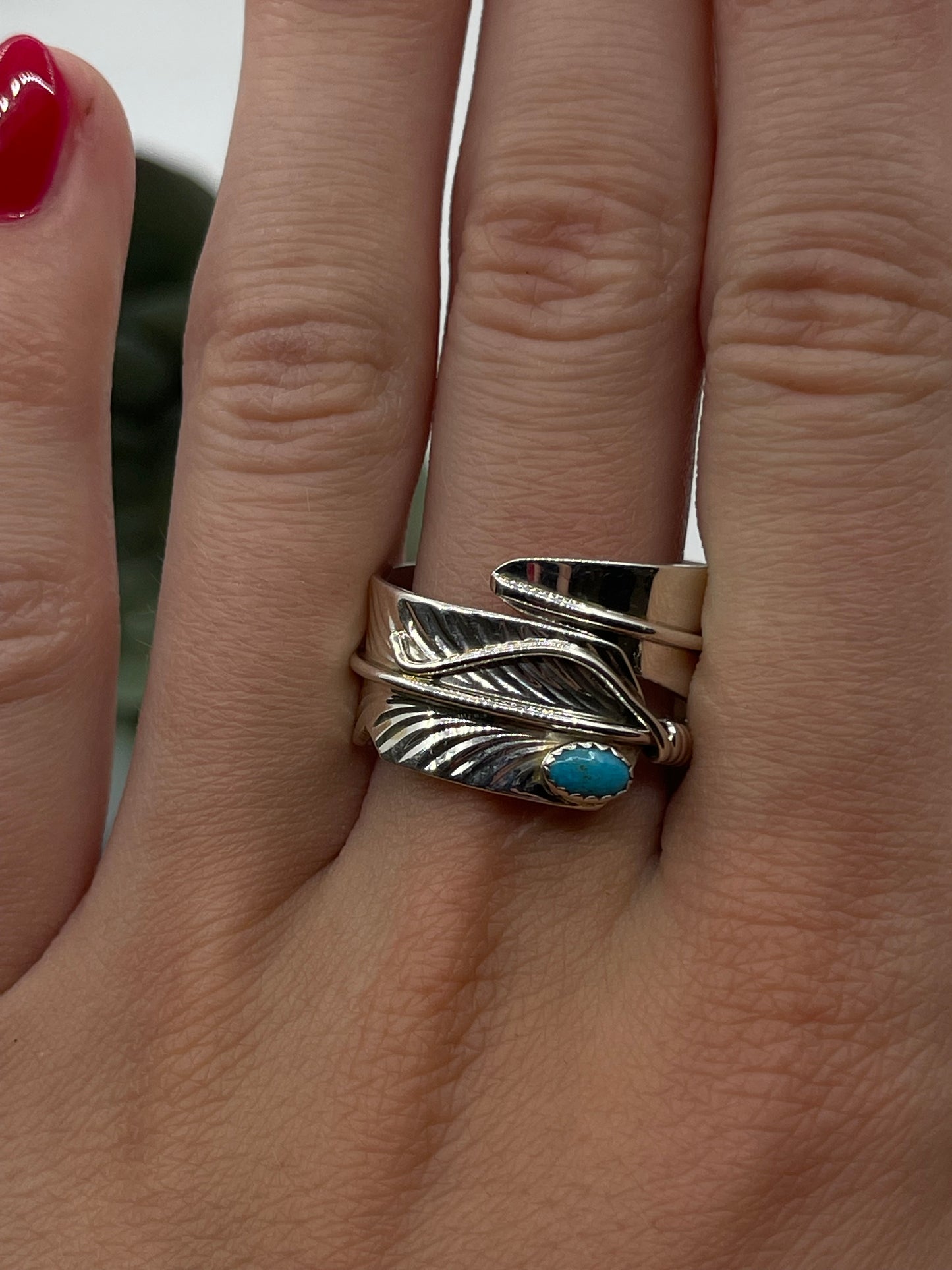 Adjustable Turquoise Feather Ring by Chester Charley, Navajo