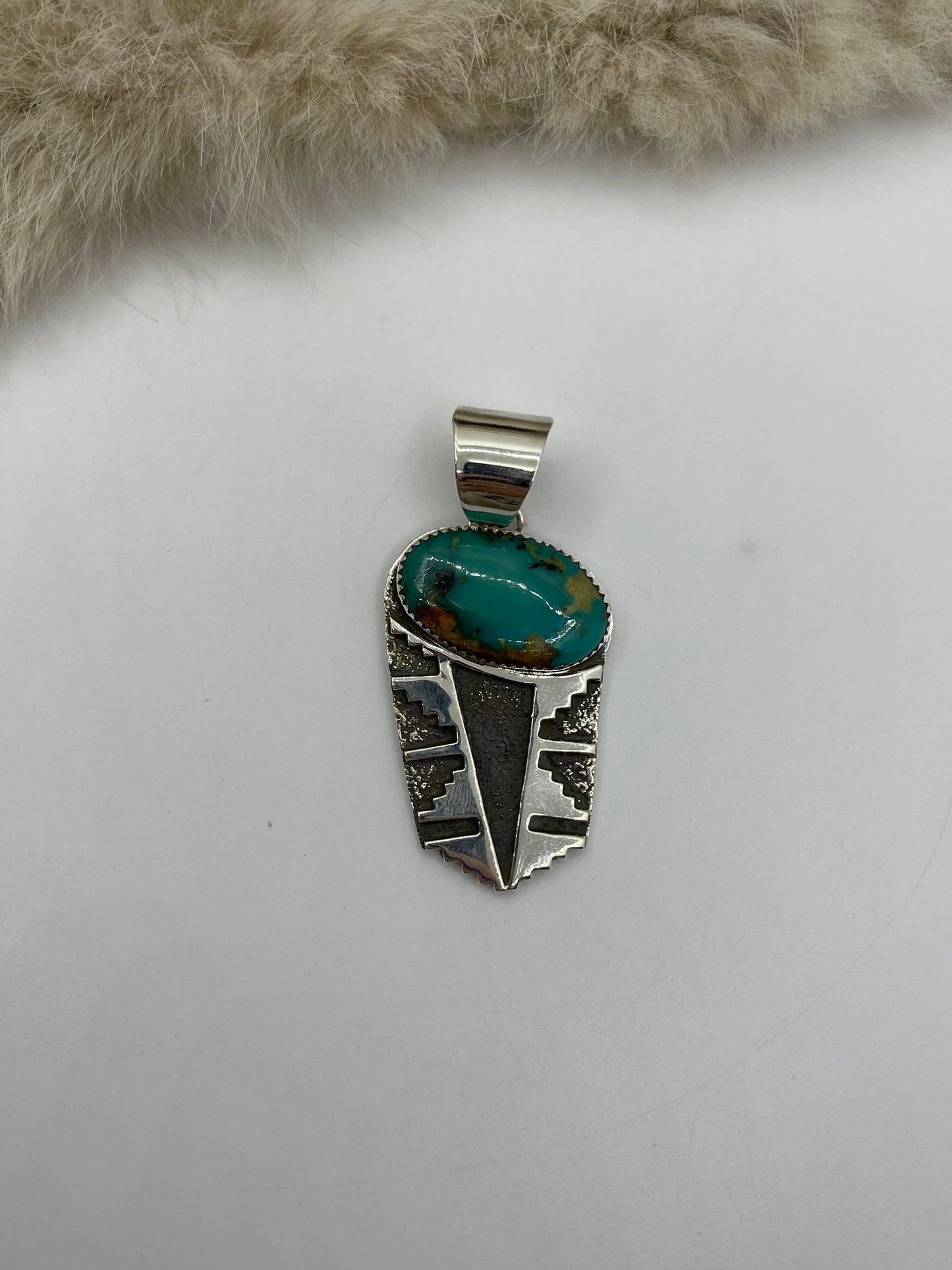 11.5mm Bale Silver Overlay Rug Design with Royston Turquoise Pendant by Marie Jackson, Navajo