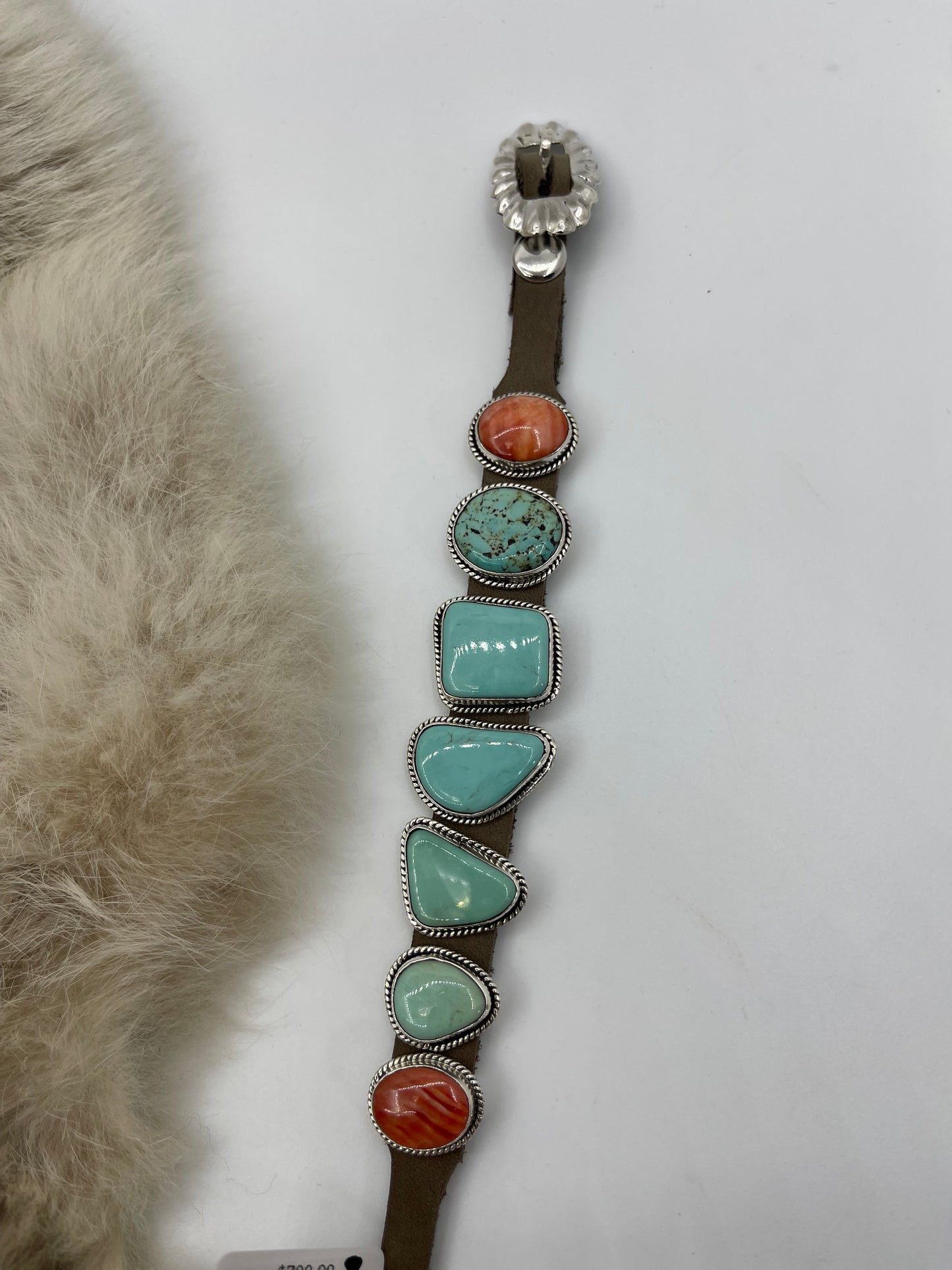 6.25”-9” 7 Stone Turquoise & Spin Oyster Bracelet on Leather by “BW”, Navajo