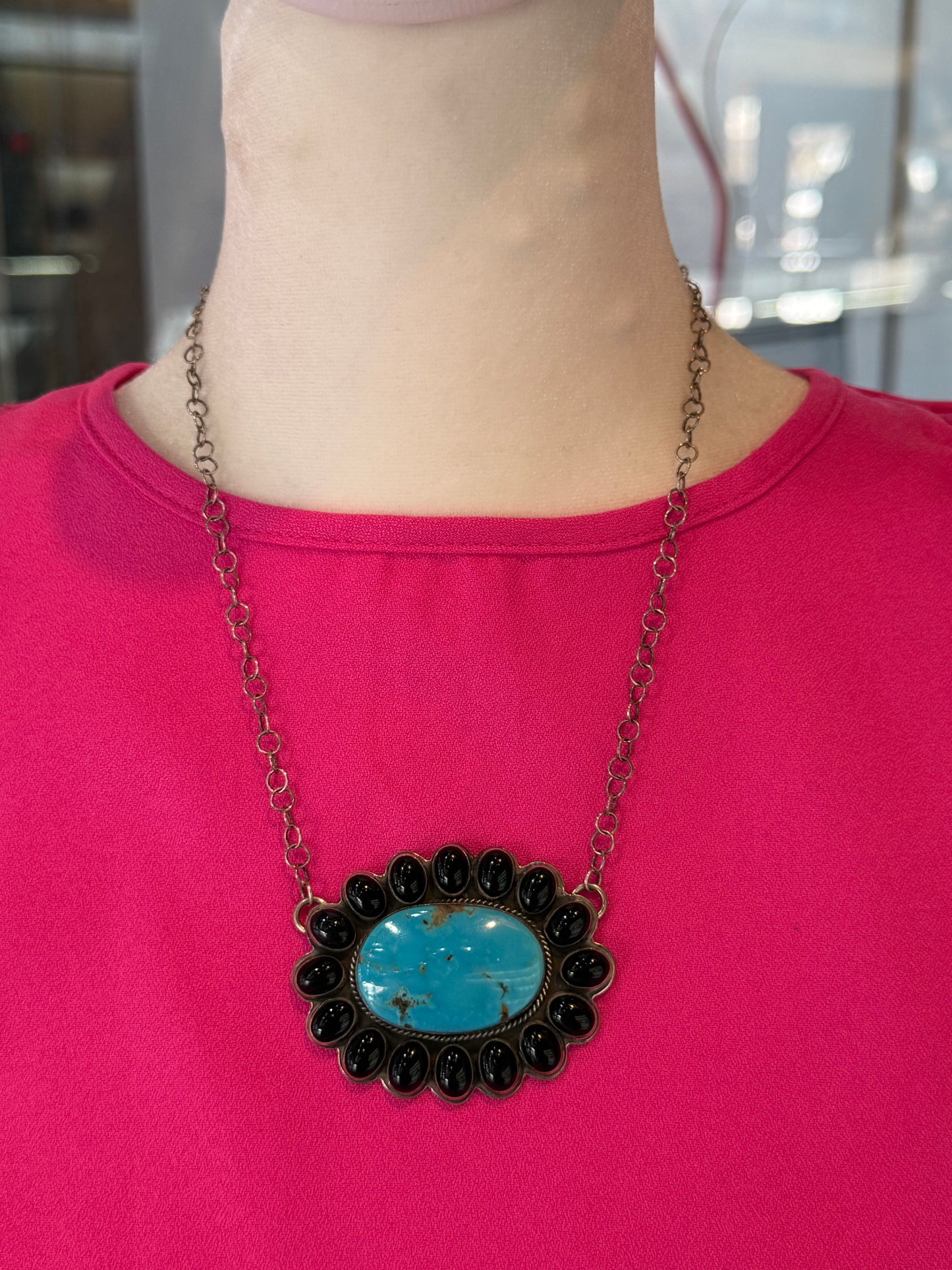 17" BLACK ONYX & KINGMAN CLUSTER NECKLACE BY STEVEN NEZ, NAVAJO