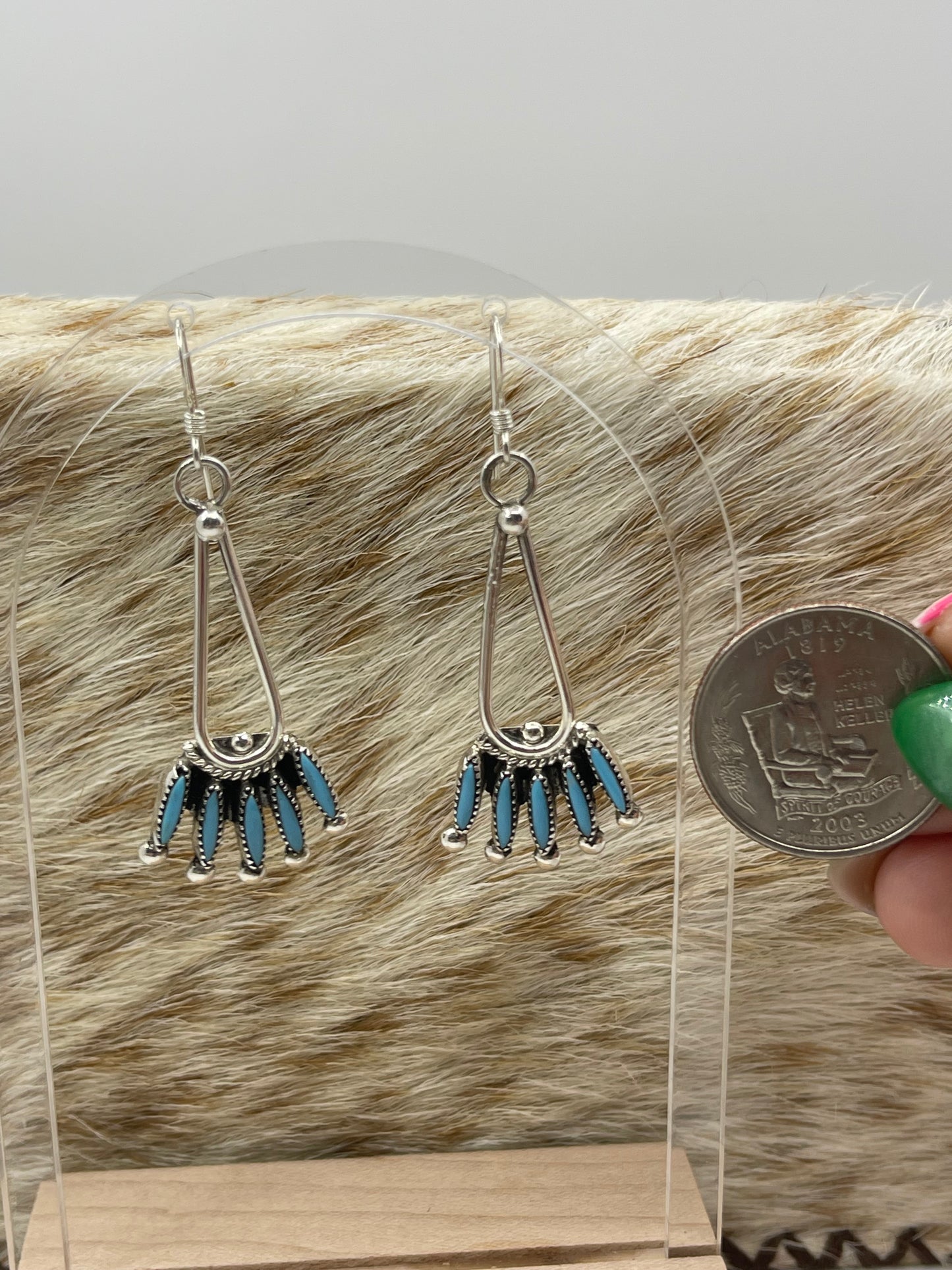 Turquoise Needlepoint Dangle Earrings by Gerald Etsate, Zuni