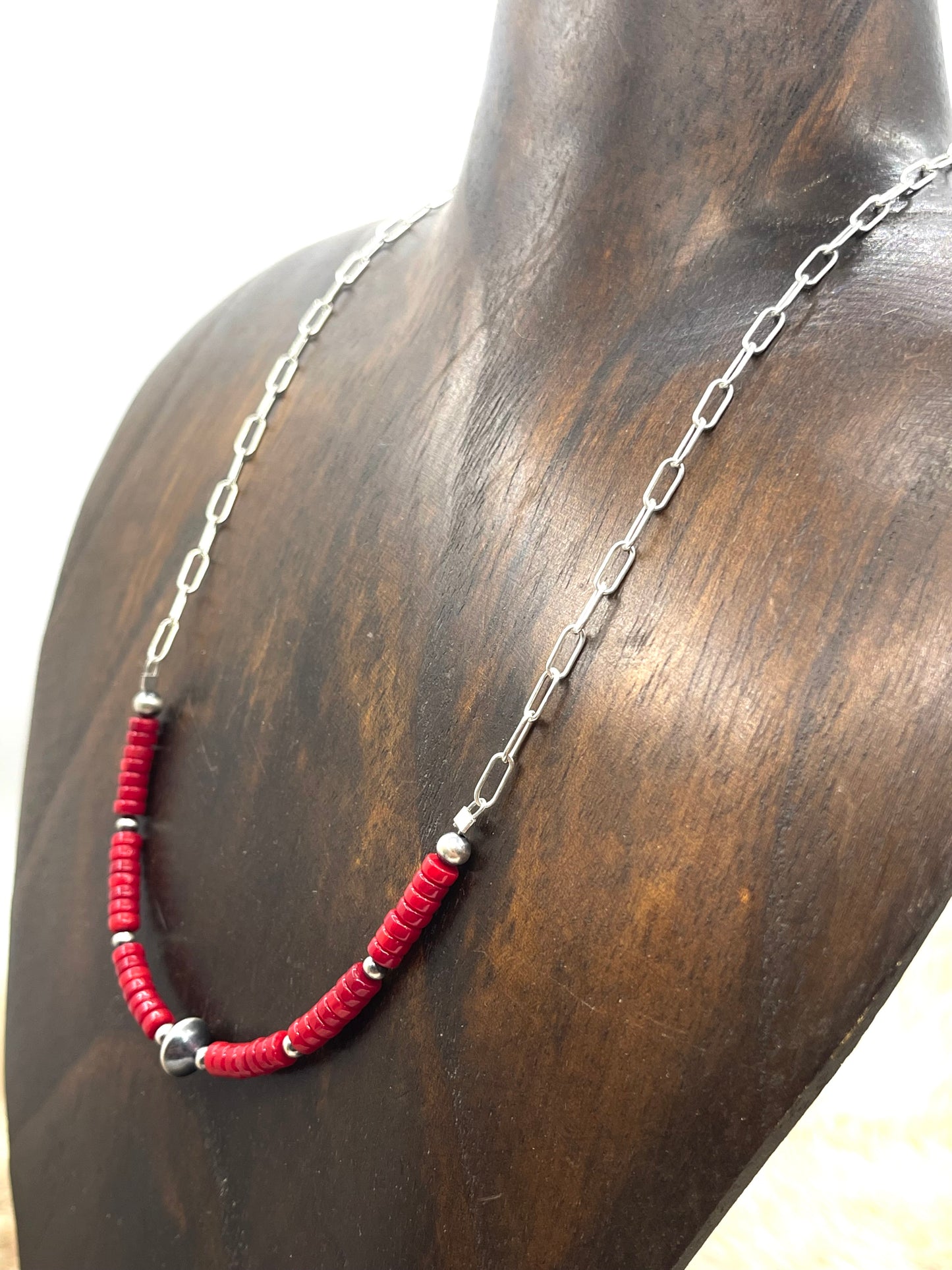 17" Red Coral Beads with Navajo Style Pearls Necklace