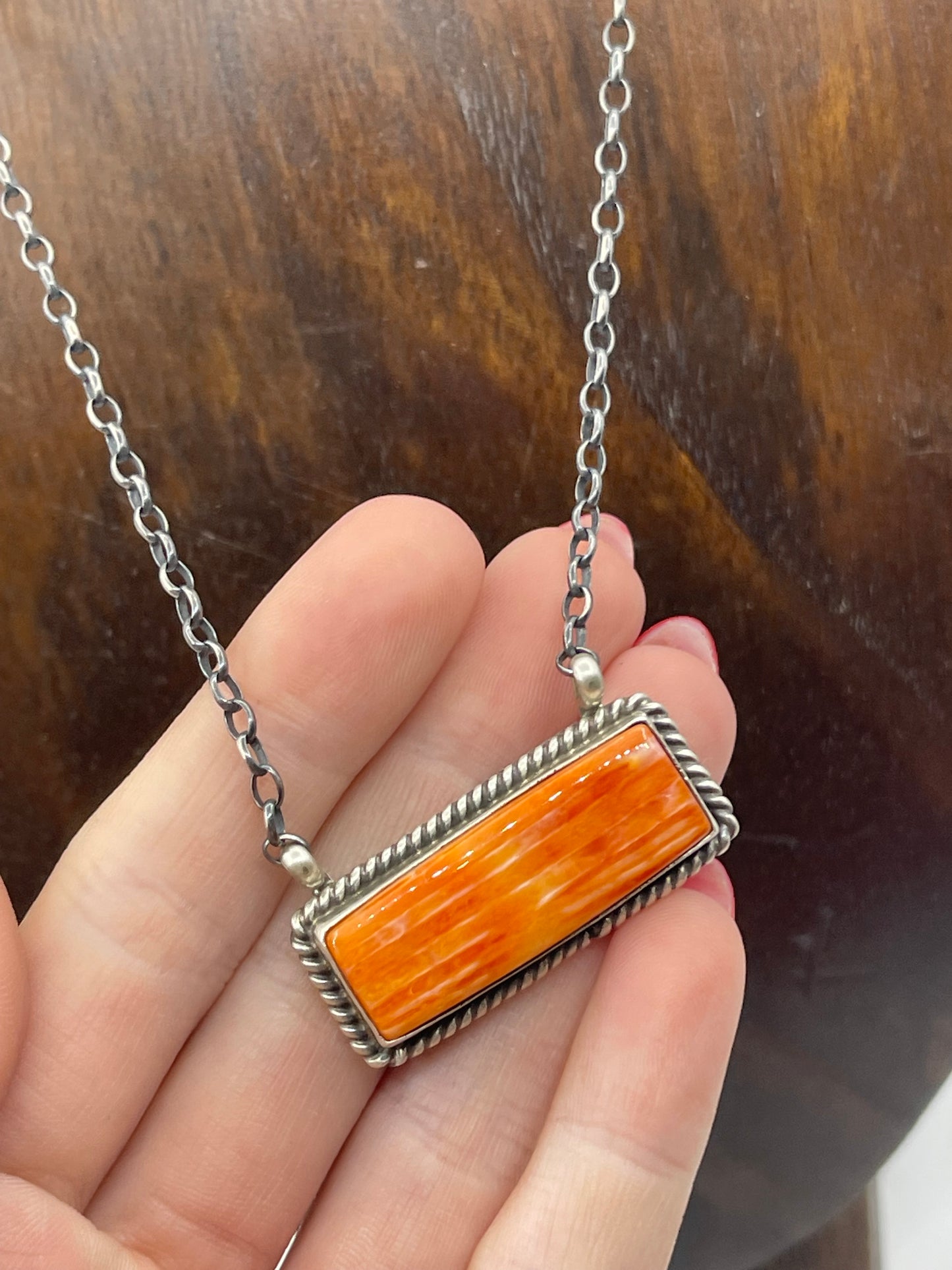16" Orange Spiny Oyster Shell Bar Necklace by Johnny Dixon, Navajo