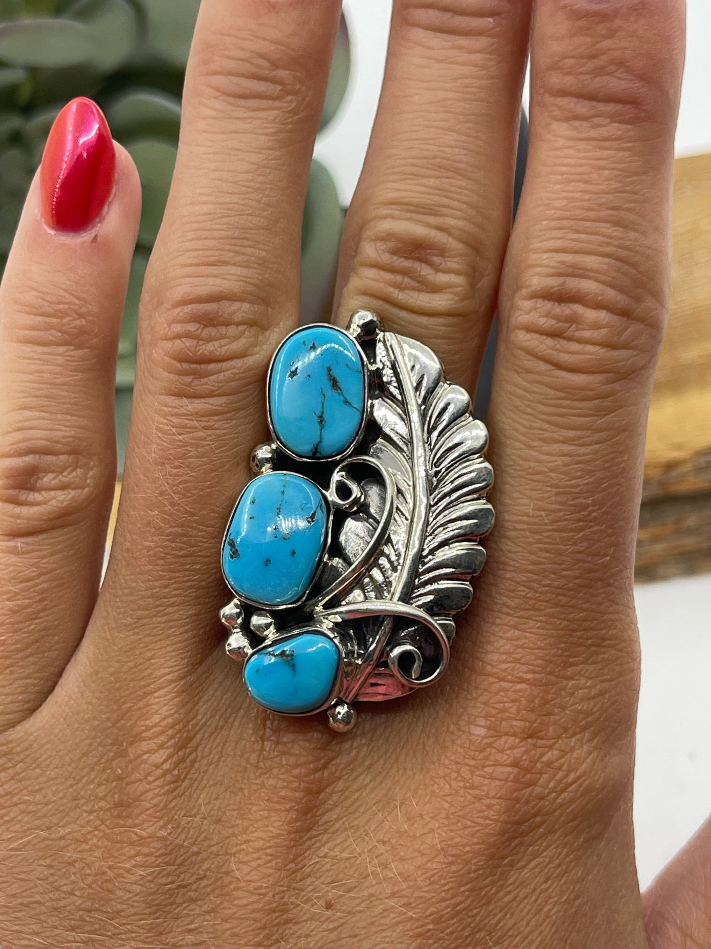 11.5 3 Stone Turquoise Feather Ring by Bernita Begay, Navajo
