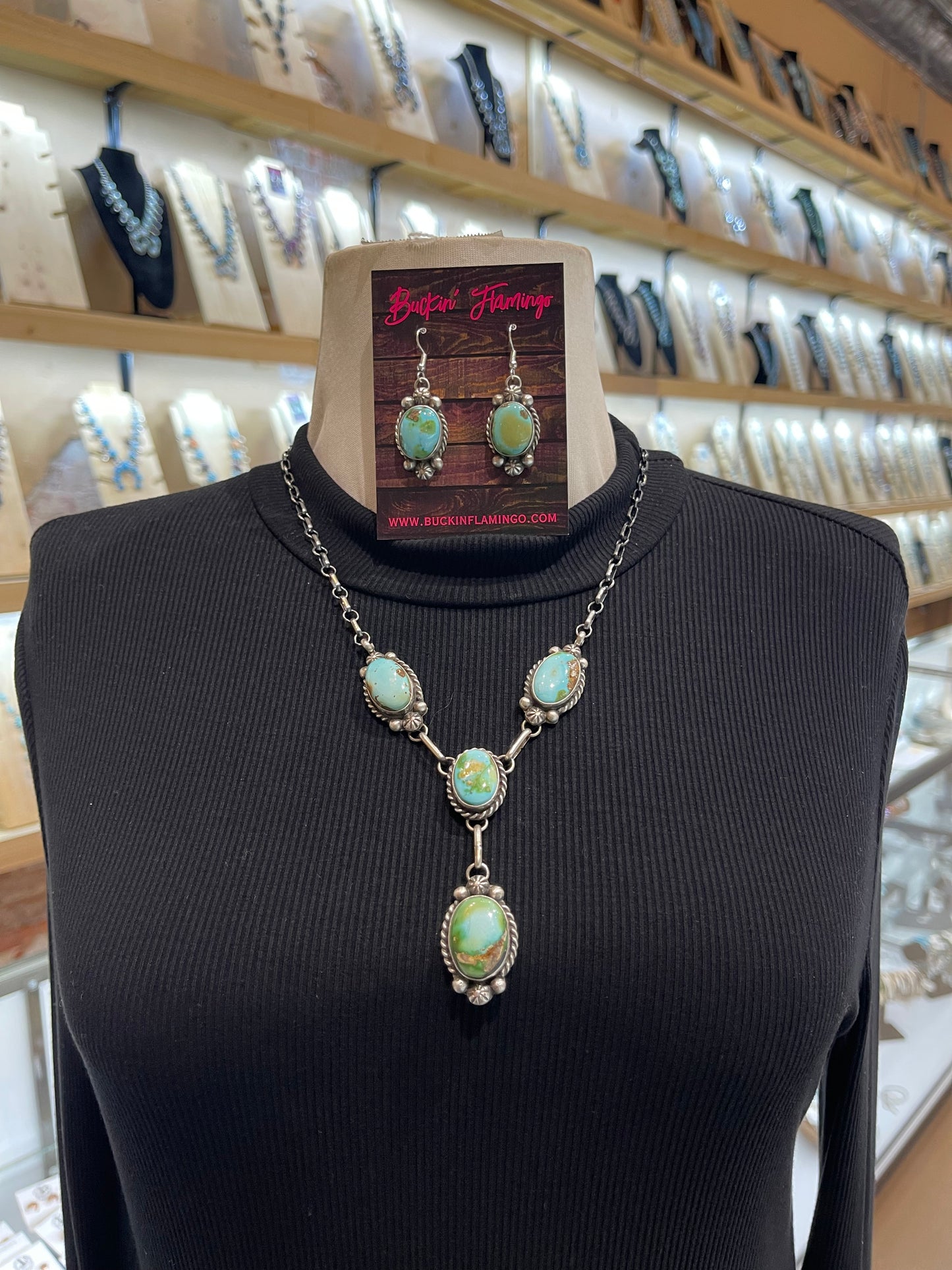 Sonoran Gold Turquoise 4 Stone Lariat 20”+3” Drop & Earring Set by Augustine Largo, Navajo