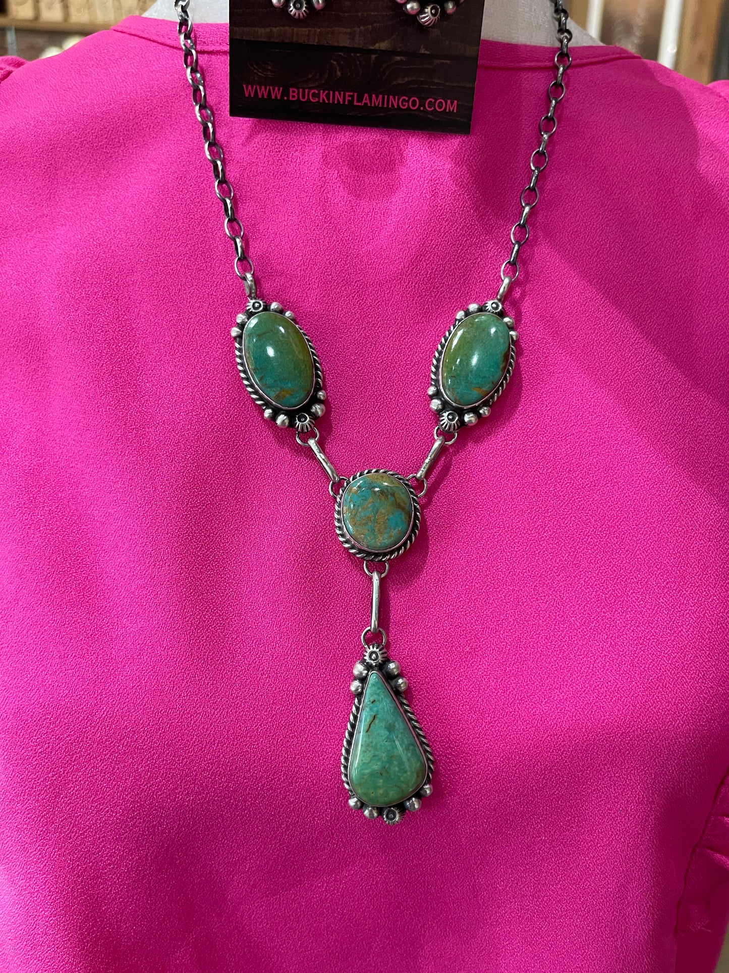 24" Turquoise Lariat Necklace and Dangle Earrings Set by Augustine Largo, Navajo