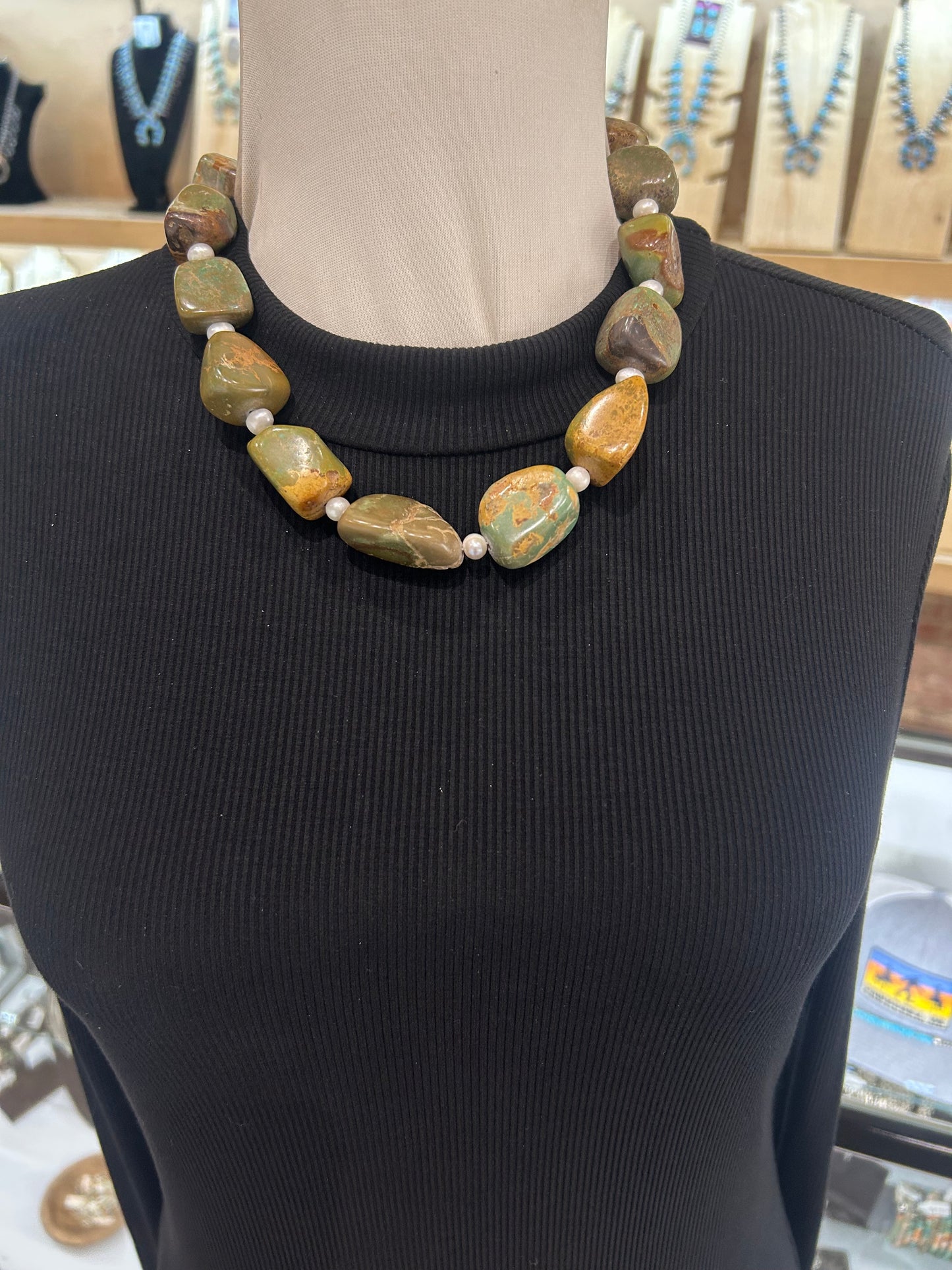 19" Chunky Royston Turquoise Nugget with Fresh Water Pearl Necklace