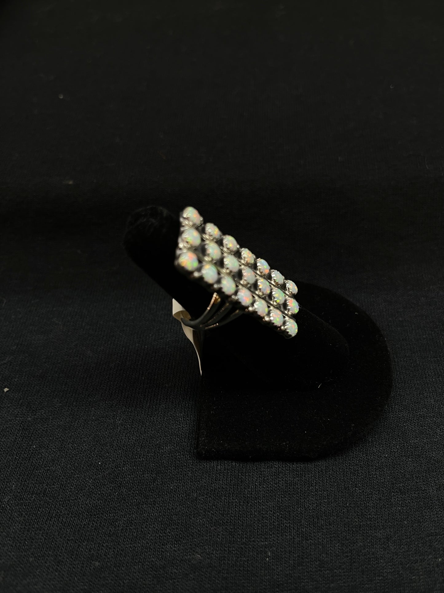 7.0 21 Stone White Opal Bar Ring by Kenny Lonjose, Zuni