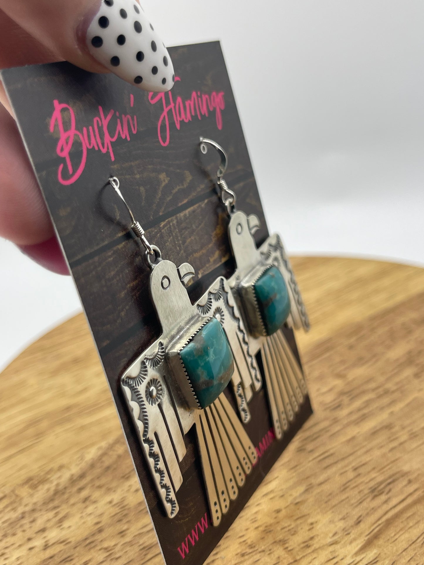Kingman Turquoise Thunderbird Dangle Earrings by Jeremy Delgarito, Navajo