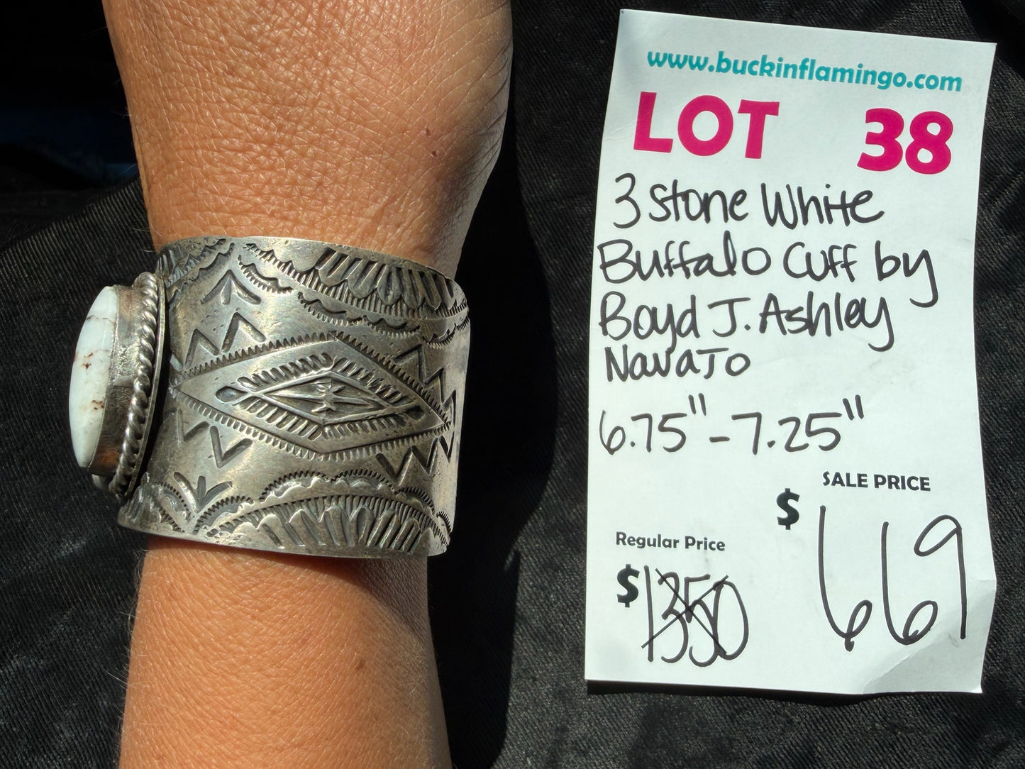 LOT 38 8/9 3 Stone White Buffalo Cuff by Boyd J. Ashley, Navajo 6.75"-7.25"