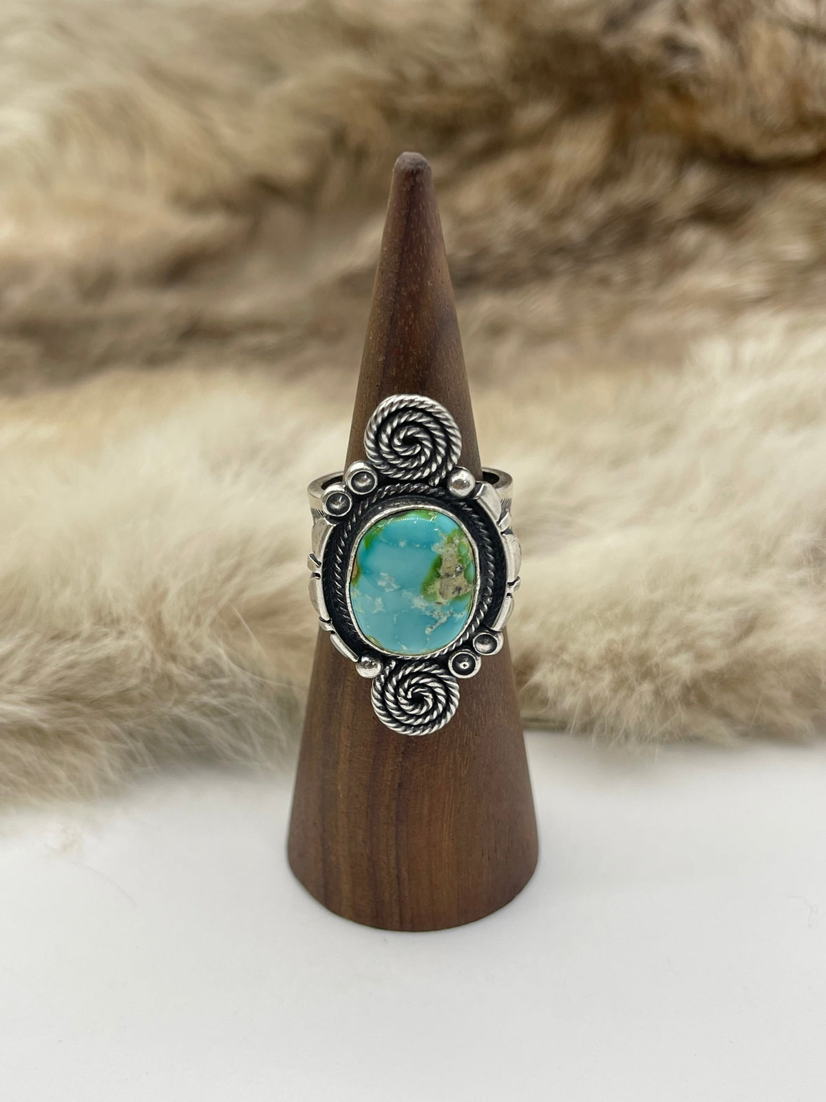 7.5 Sonoran Gold Turquoise Ring with Spiral by Marita Benally, Navajo
