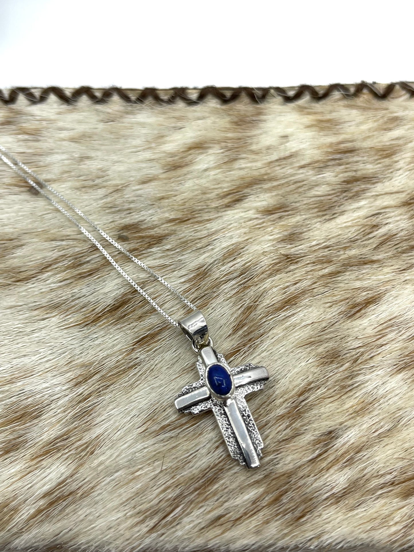 18" Lapis Stone Cross Necklace By Runningbear, Navajo