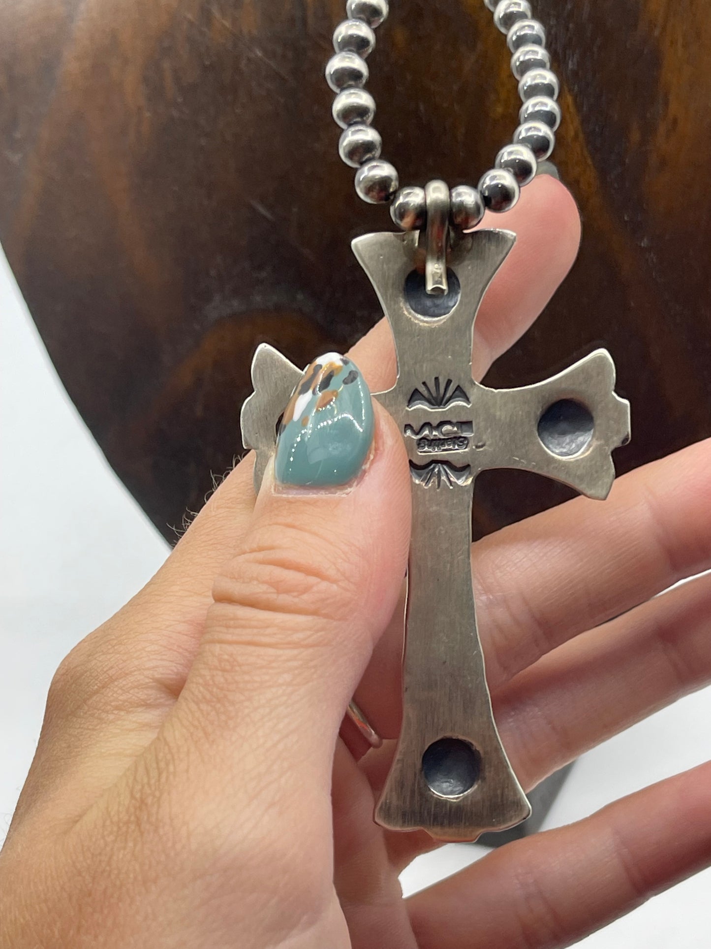 18" 5mm Navajo Pearls with a Orange Spiny Oyster Cross by Martha Cayatineto, Navajo