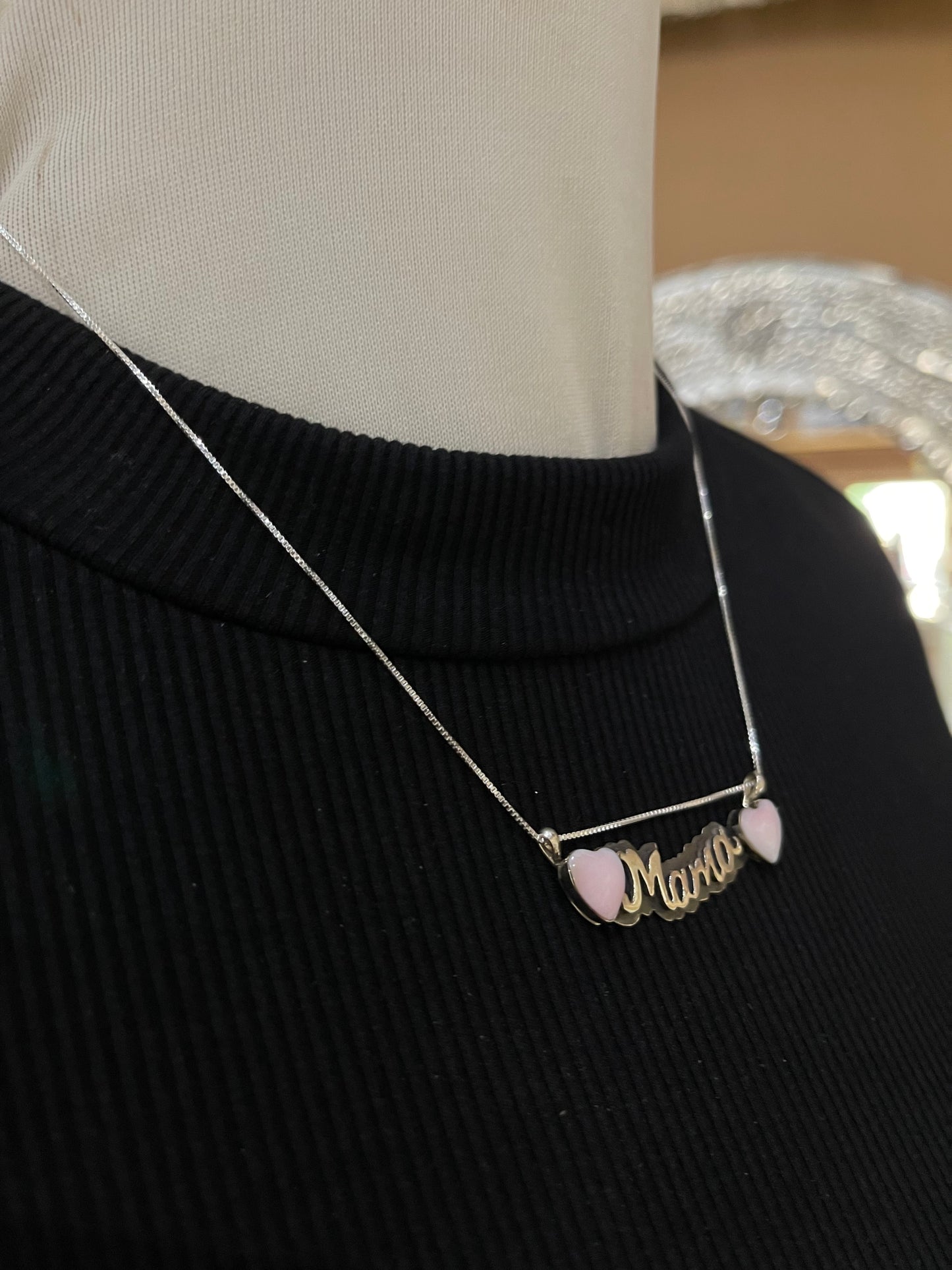18" Pink Conch Shell Heart "MAMA" Necklace by Myra Benally, Navajo