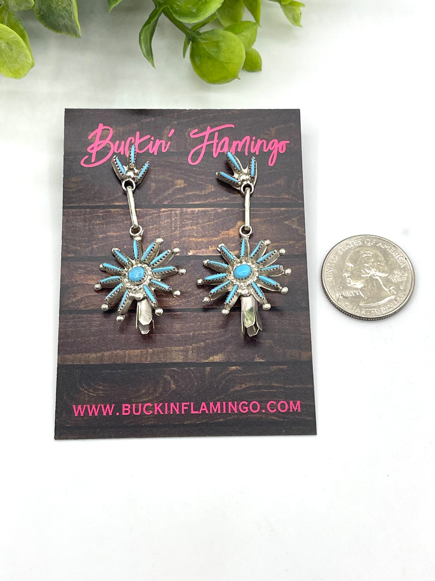 Zuni Needlepoint Turquoise with Star Blossom Dangle Earrings by Rena Cachini, Zuni