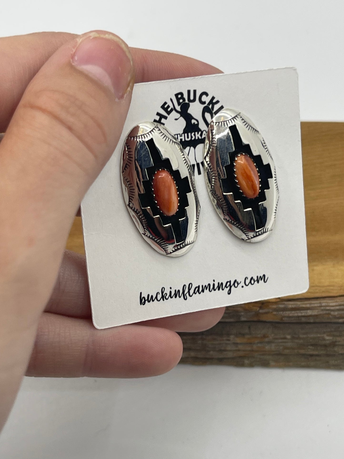 Orange Spiny Oyster Shell Oval Shadowbox Post Earrings by Felix Perry, Navajo