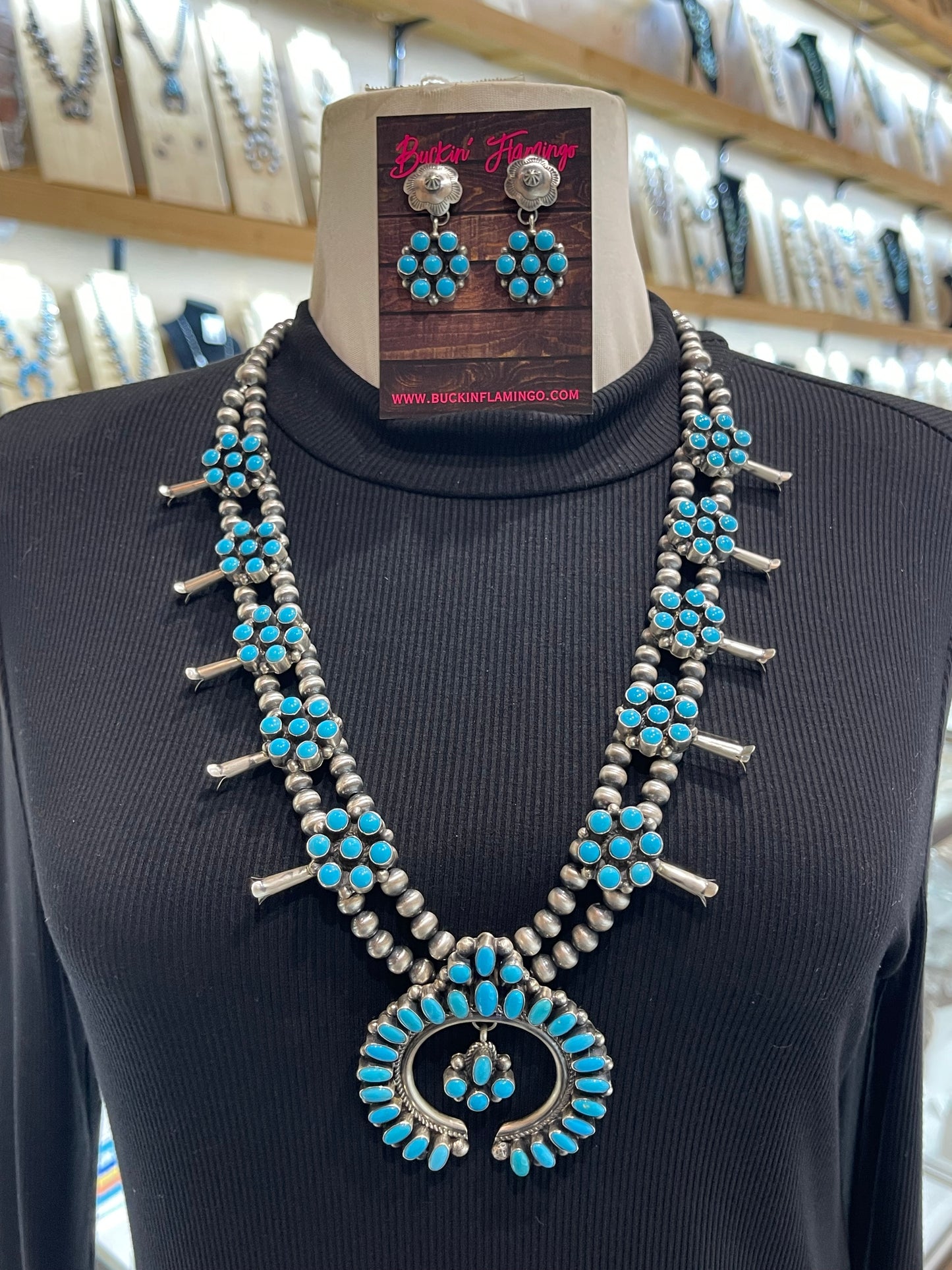 26" Blue Kingman Turquoise Squash Blossom & Earring Set by Kathlyn Yazzie, Navajo