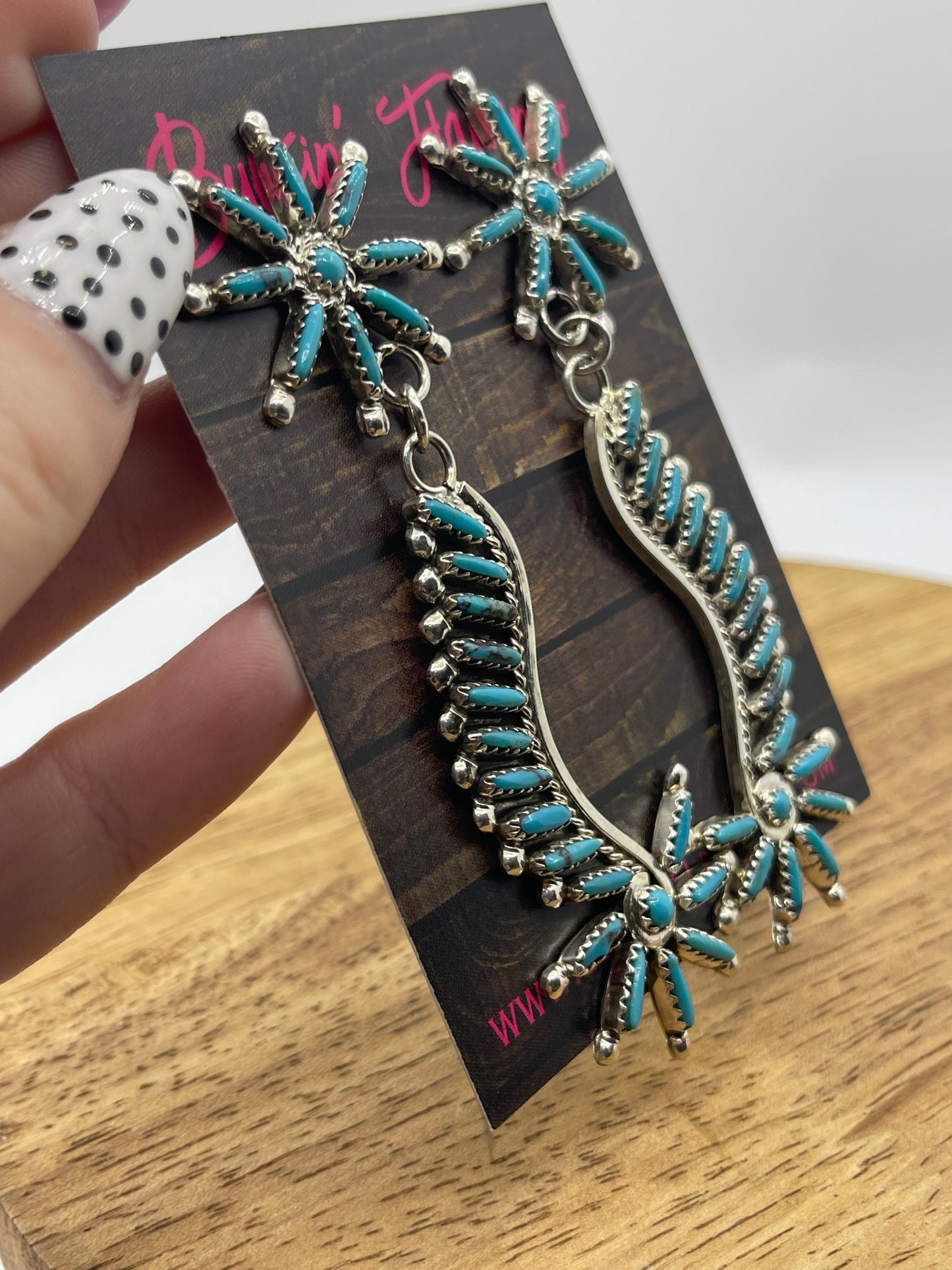 Turquoise Long Post Dangle Needlepoint Earrings by Rodney Notah, Navajo