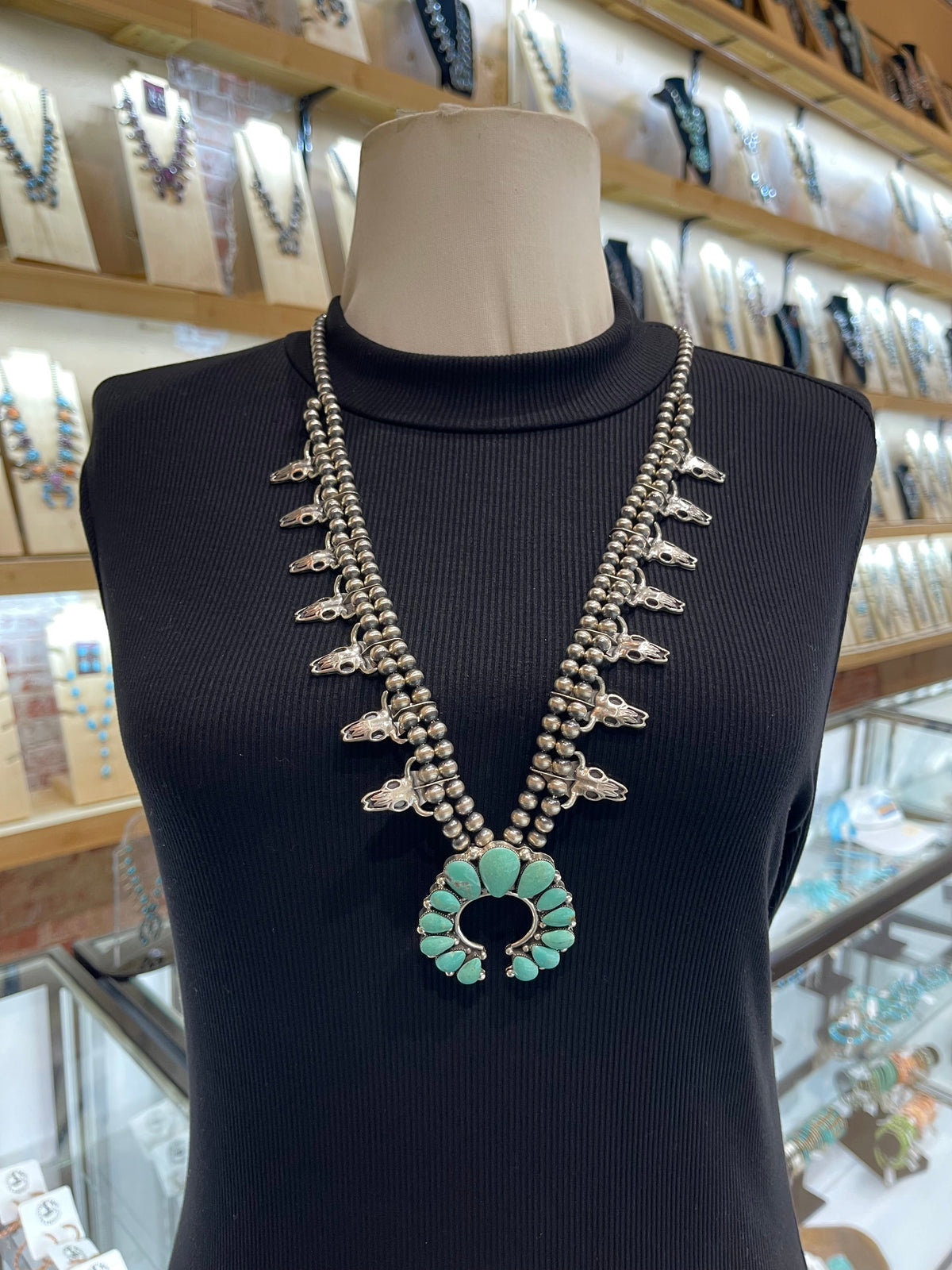 26”+3.5” Naja More Green Necklace by Jimmy Garcia, Navajo