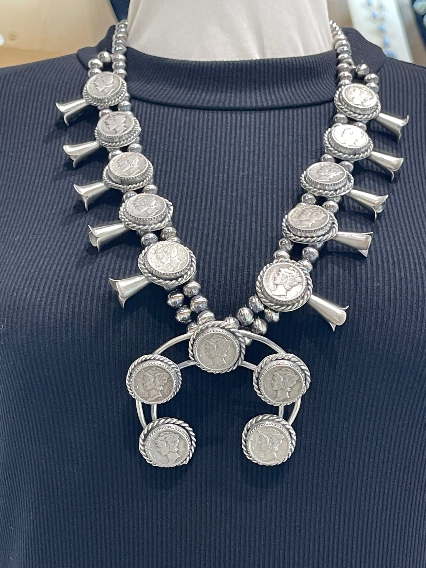 26" Silver Dime Squash Blossom by Gilbert Nez, Navajo