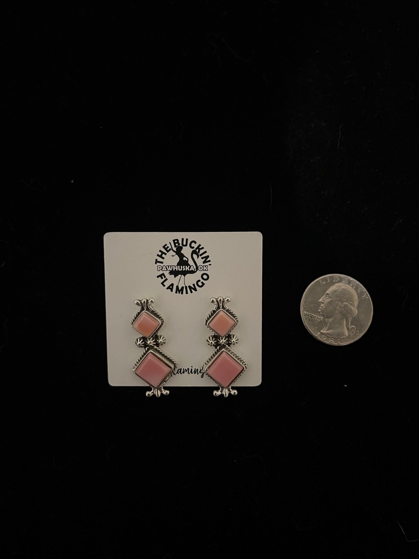 2 Stone Pink Conch Shell Diamond Shaped Post Earrings by James Manygoats, Navajo