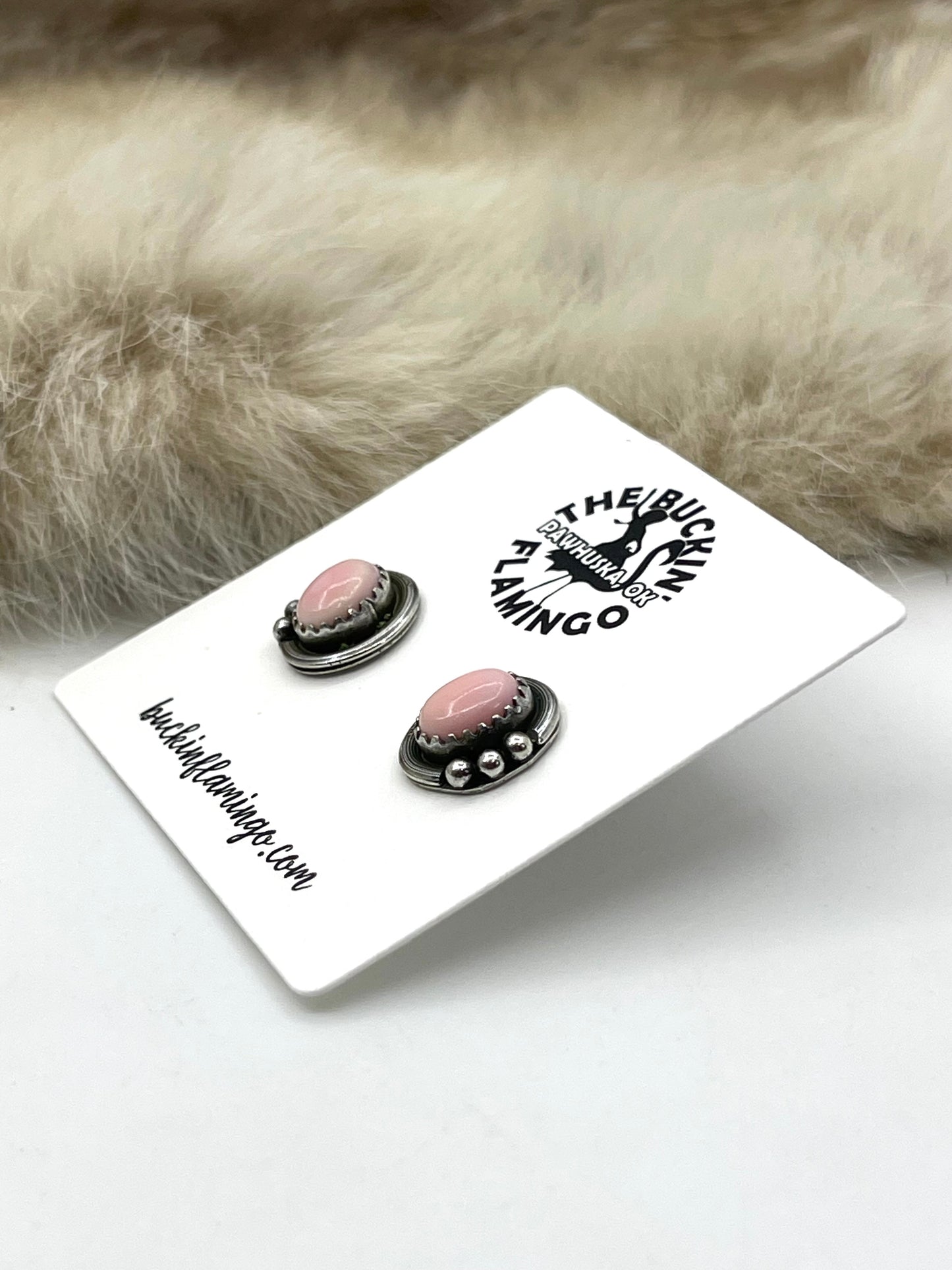 Pink Conch Shell Post with Silver Border Earrings by Rita Largo, Navajo