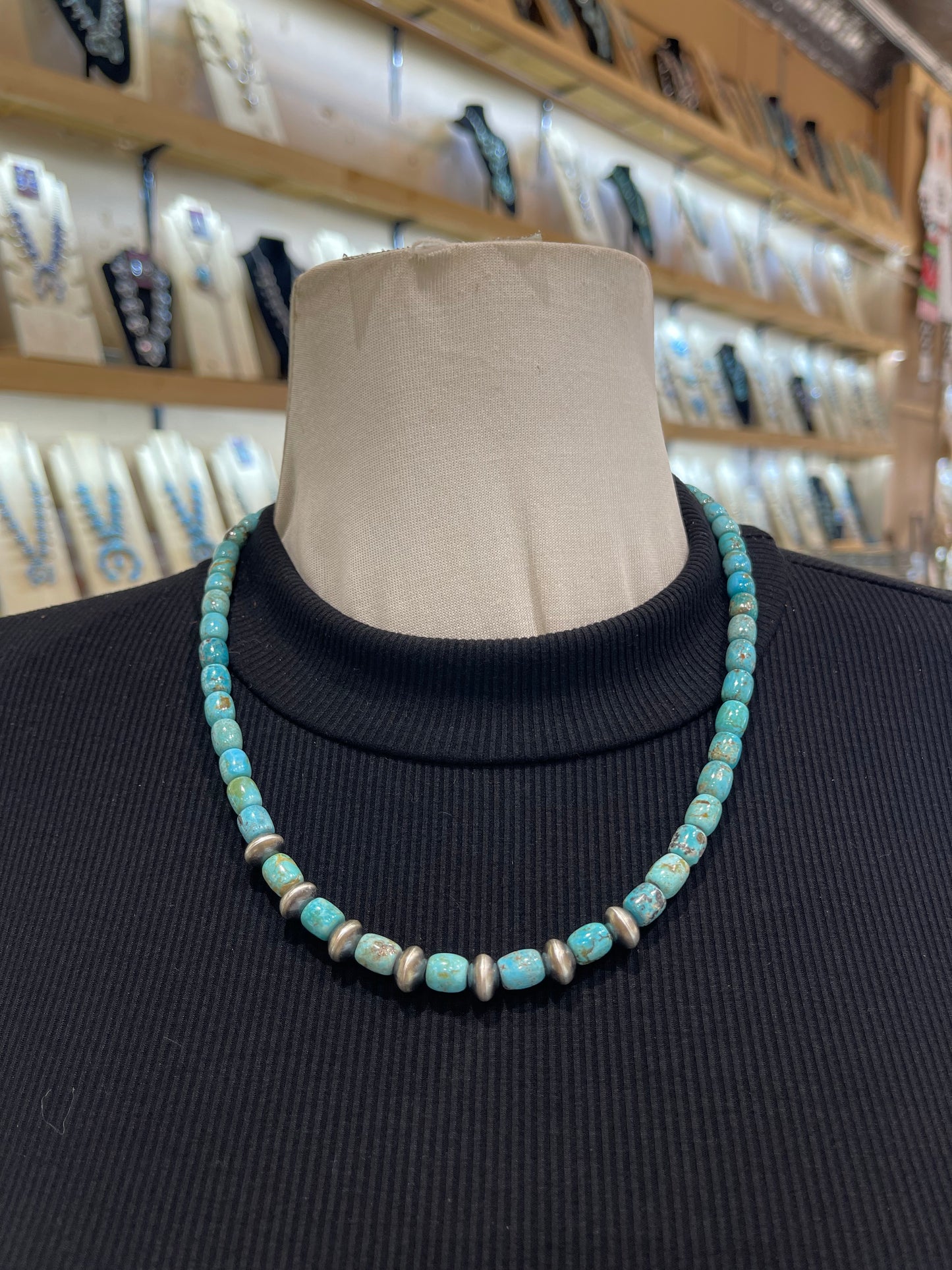 20” Turquoise Cylinder Beads & Handmade Navajo Pearls by Tammy Nolcotte, Navajo
