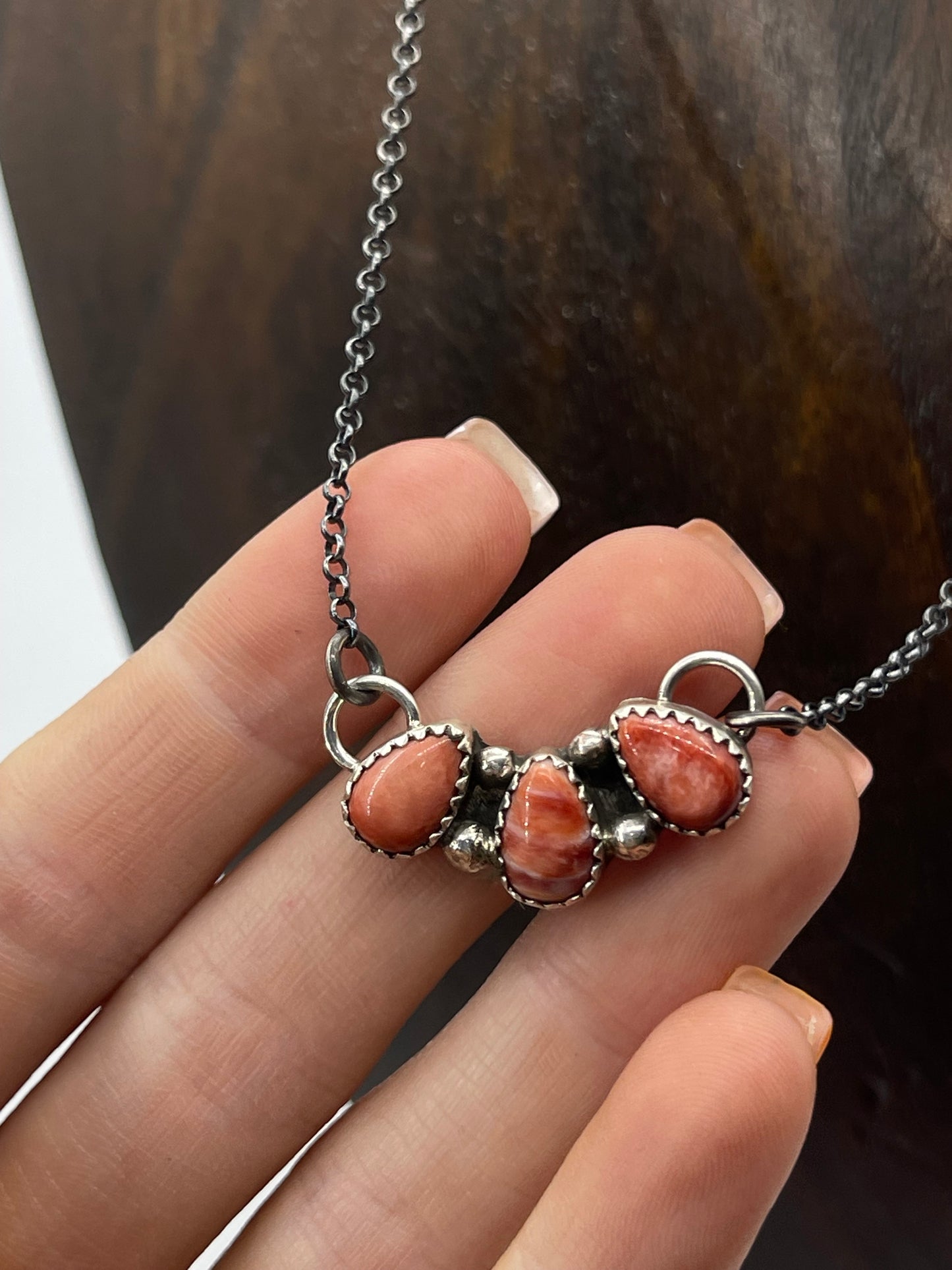 17" 3 Stone Red Spiny Oyster Shell Necklace by Maxine Ramirez, Navajo