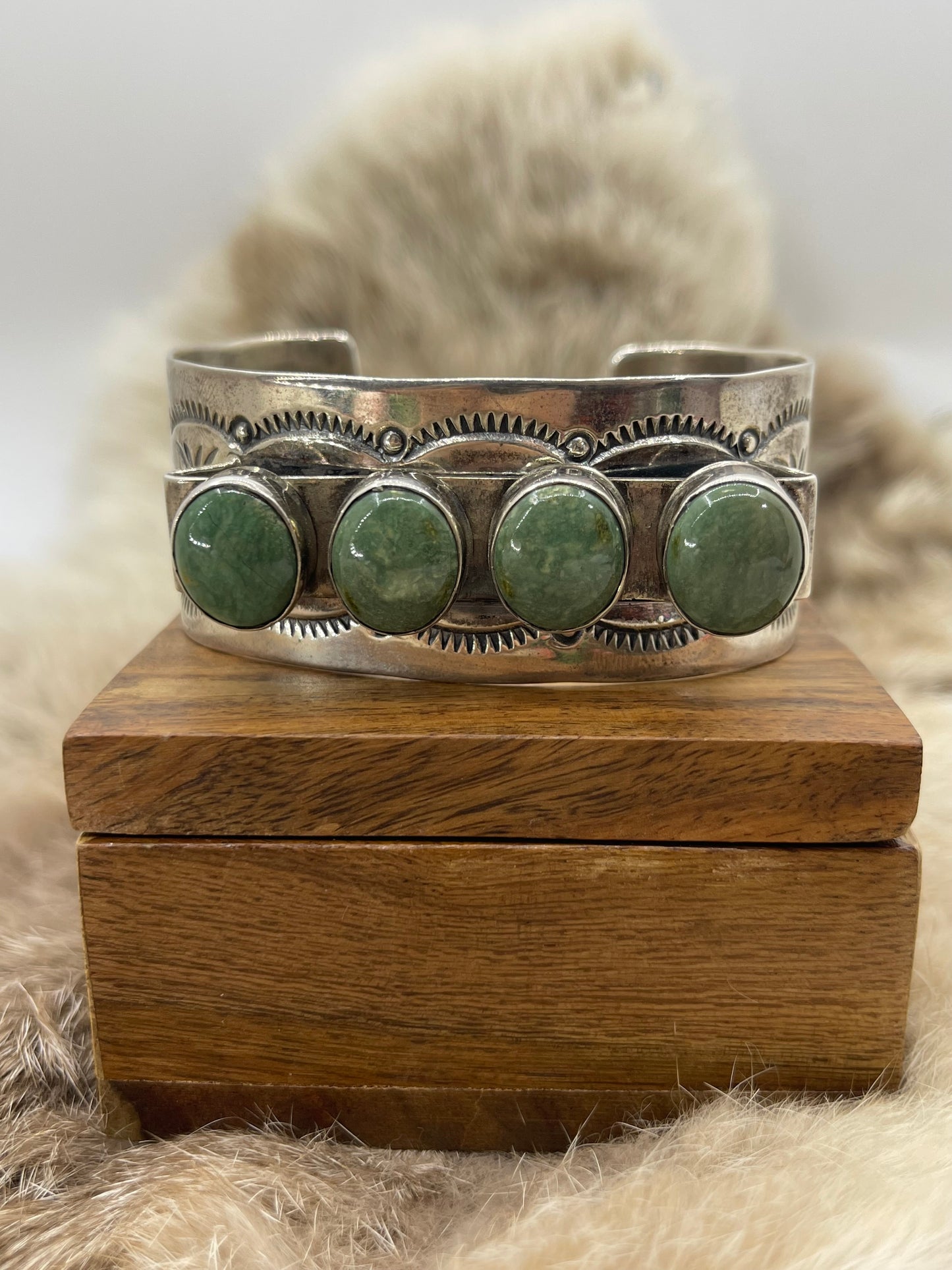 7" - 7.5" 4 Stone Emerald Valley Turquoise Bracelet by Delbert Secatero, Navajo