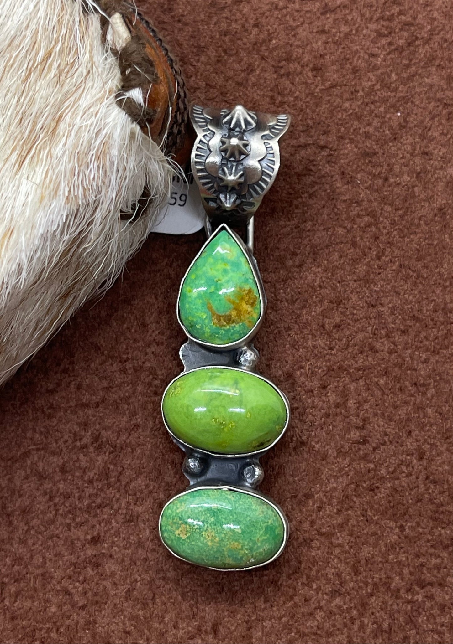 11.5mm Bale Three Stone Green Pixie Turquoise Pendant by Boyd Ashley, Navajo