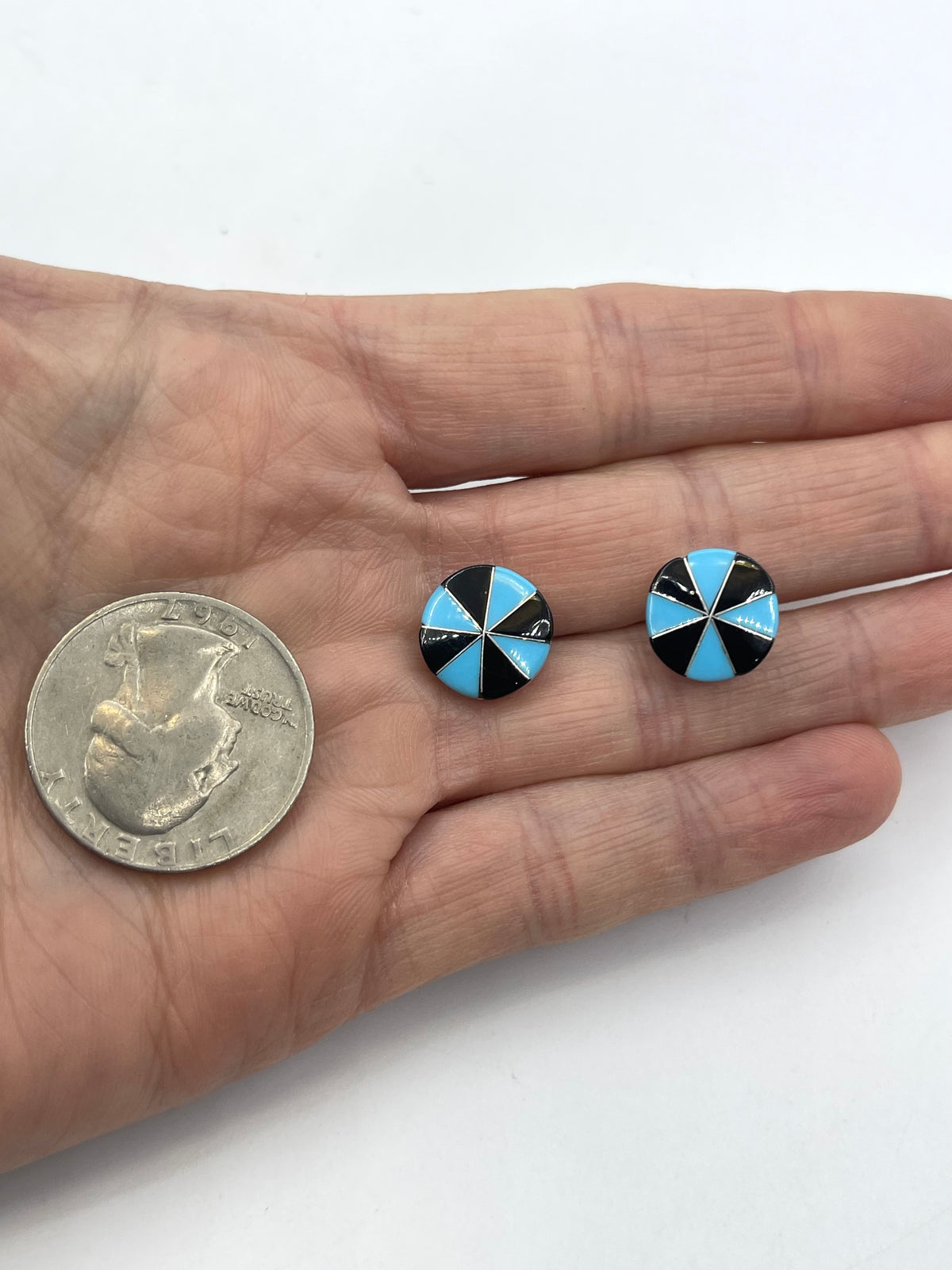 Black Onyx & Turquoise Inlay Circle Earrings by Johnson Laweka, Zuni