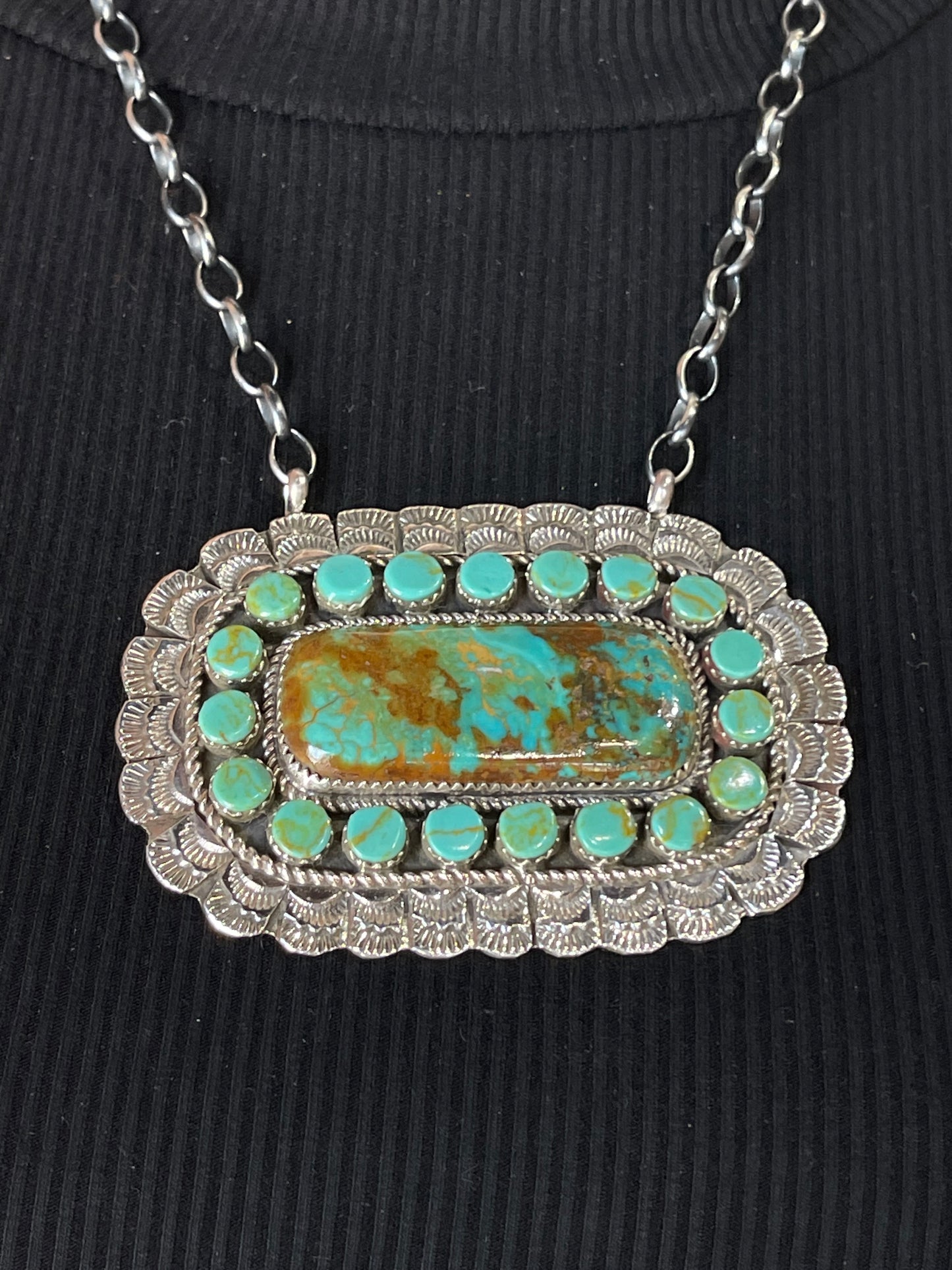 18" Kingman Turquoise Cluster Bar Necklace by Larry Etsitty, Navajo