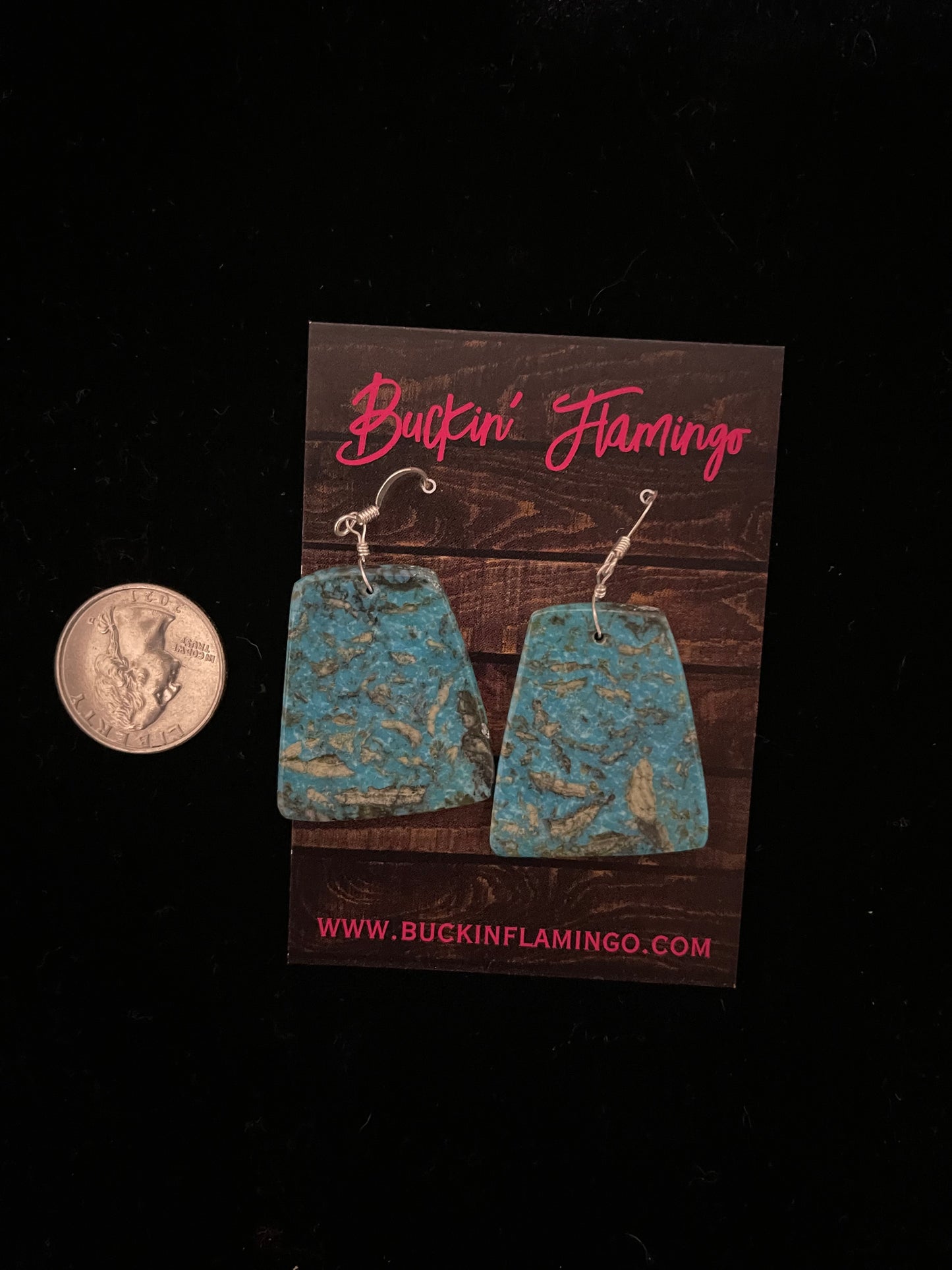 Kingman Turquoise Trapezoid Slab Dangle Earrings by Joe and Joeann Garcia, Santo Domingo