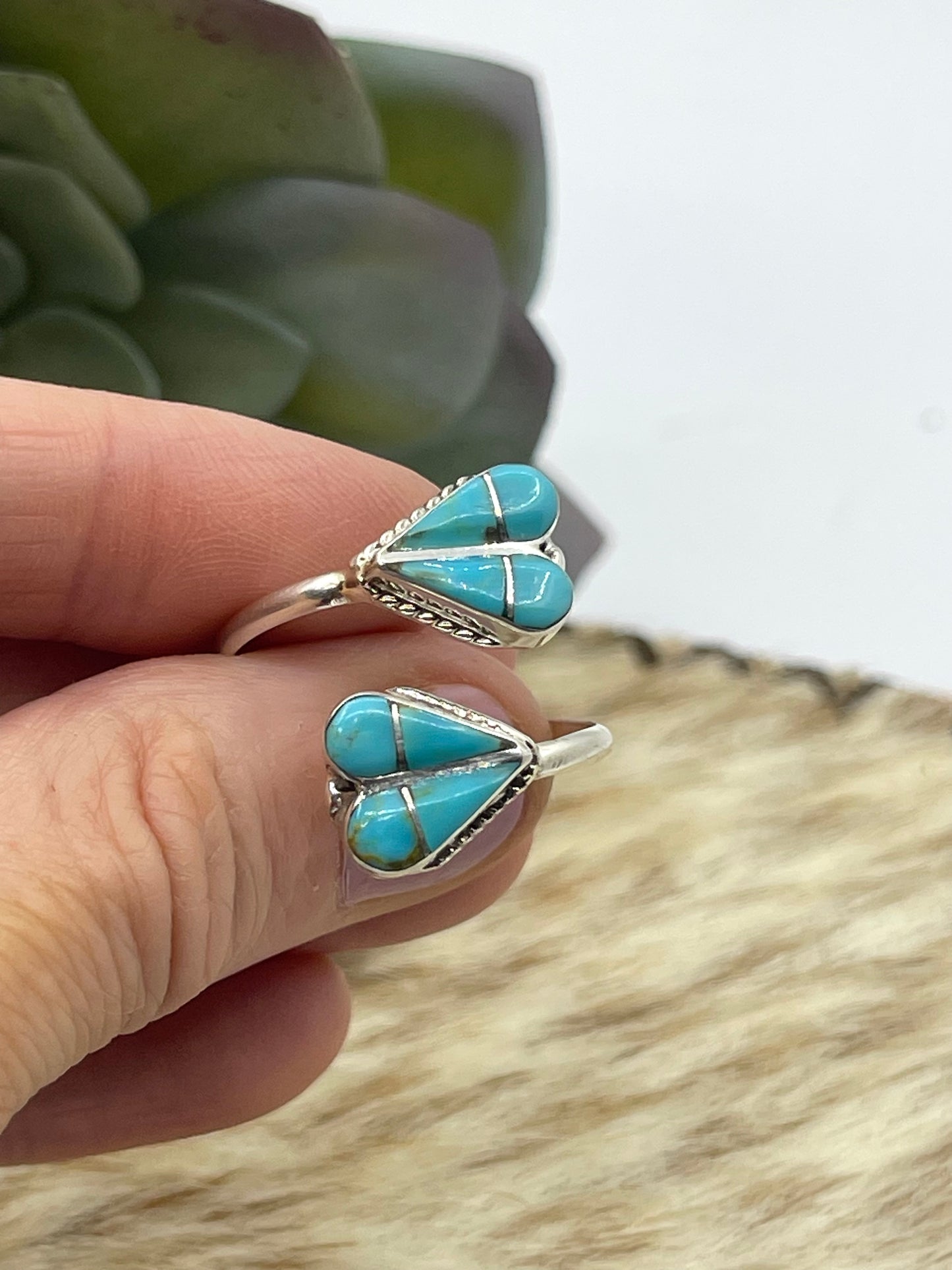 Adjustable Inlay Turquoise Double Heart Ring by Velda Nastacio, Zuni