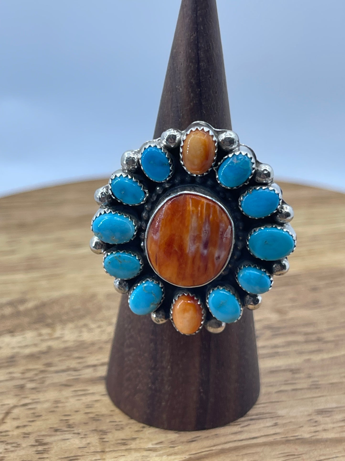 Adjustable Turquoise and Orange Spiny Cluster Ring