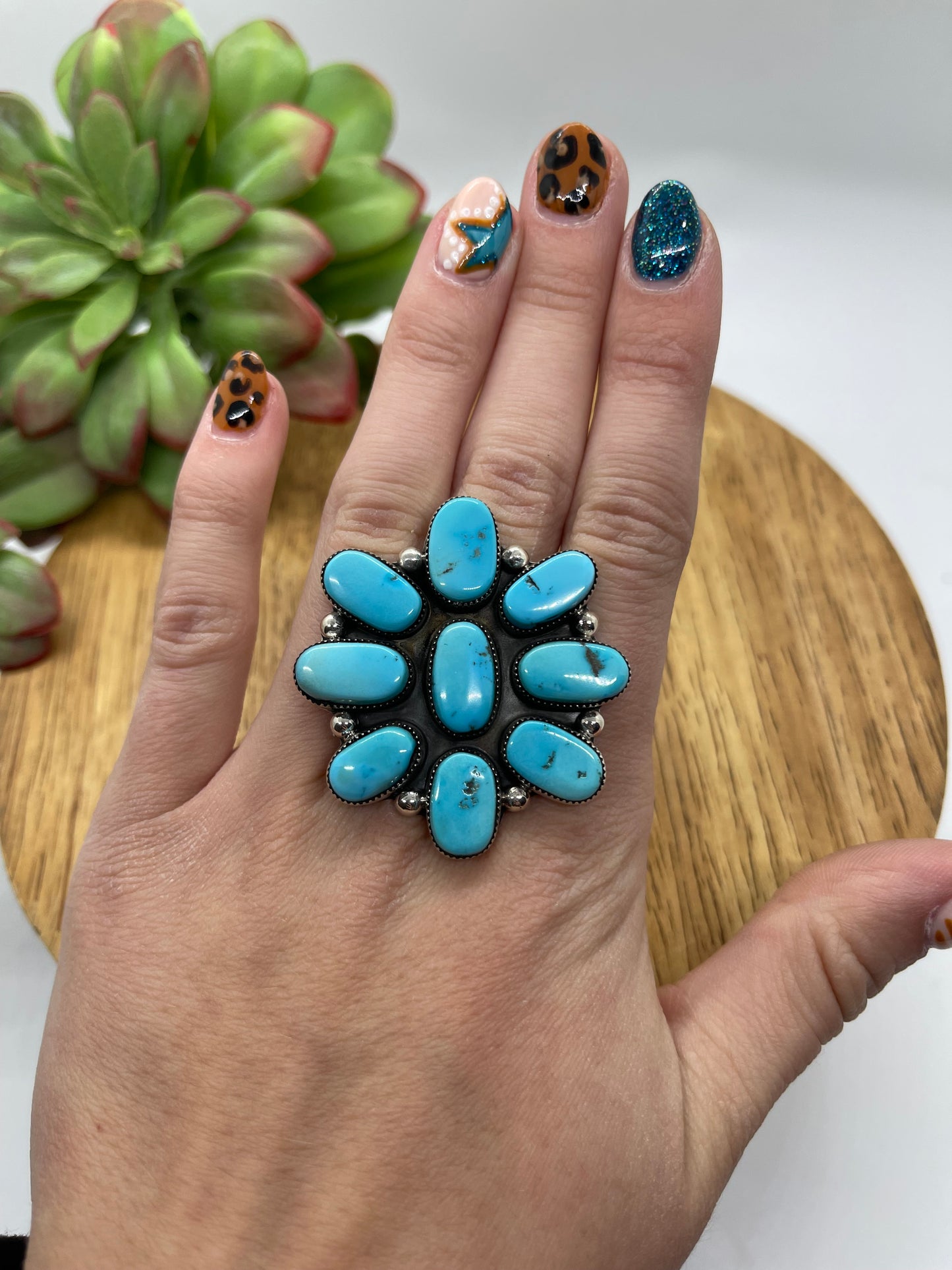 7.0 Turquoise Cluster Ring by Bernita Begay, Navajo