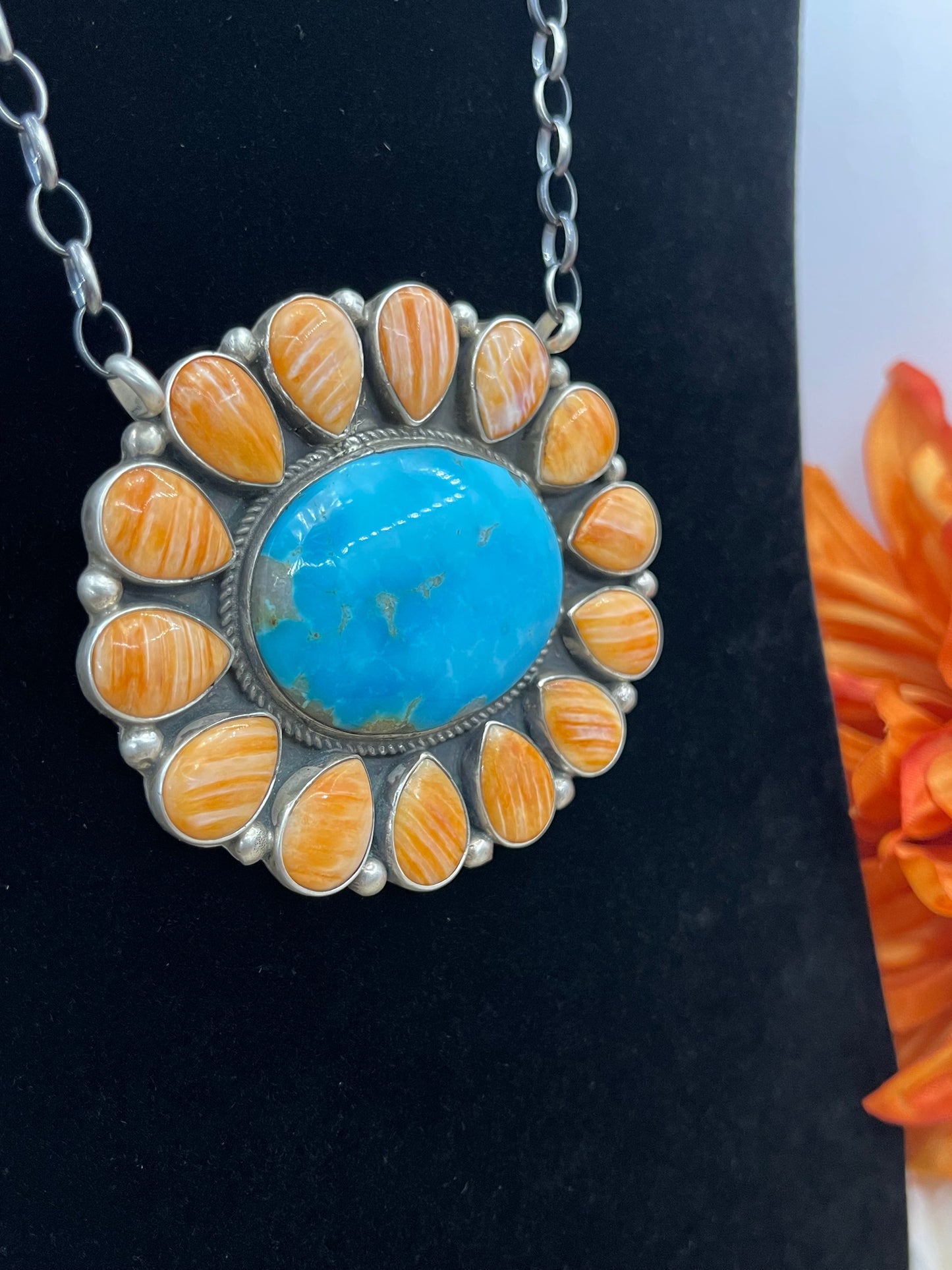 16" Orange Spiny Oyster & Turquoise Cluster Necklace